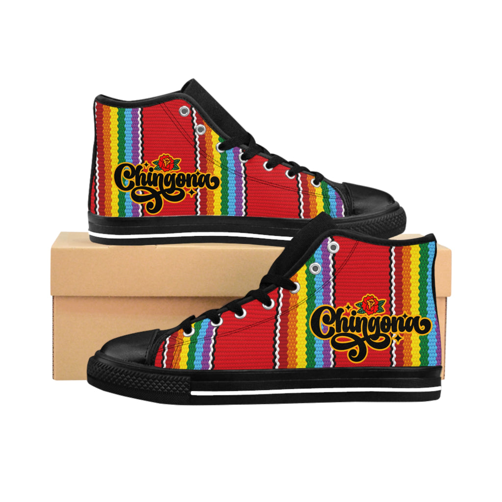 High-Top Sneakers — Red Serape Stripe "Chingonera" Design