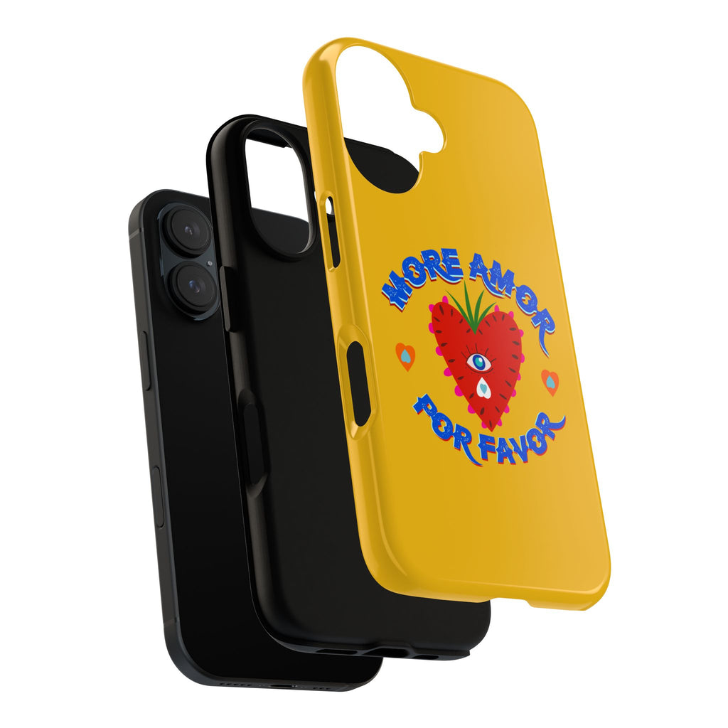 Phone Case — "More Amor Por Favor" Heart Design, Bright Yellow Protective Cover