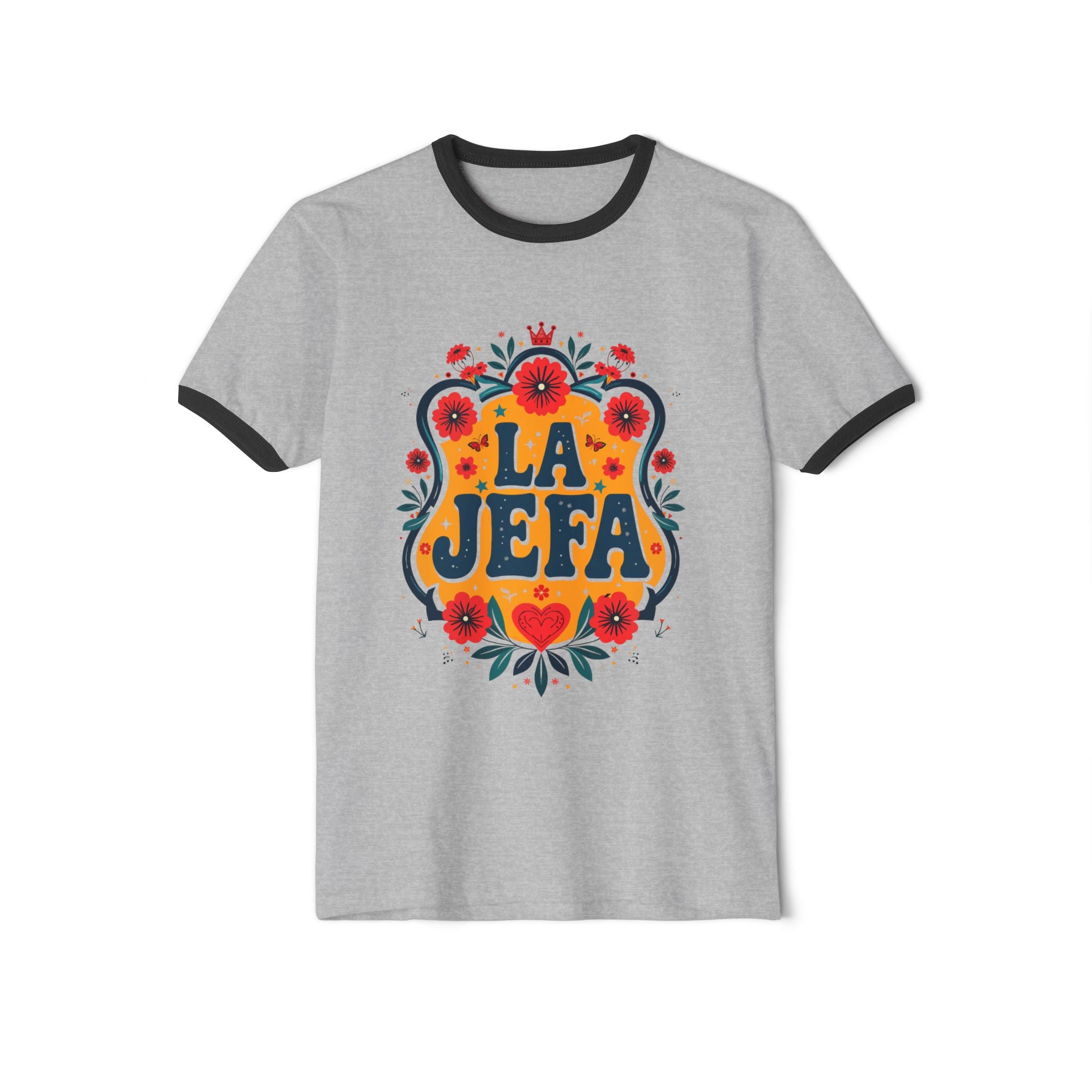 La Jefa Floral Ringer T-Shirt — Retro Hispanic Pride Tee