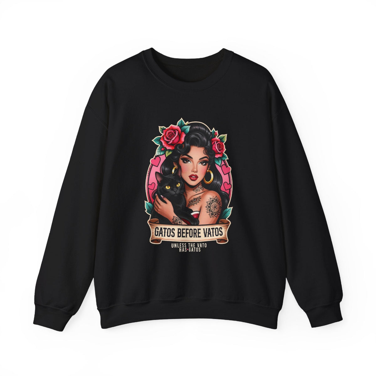 Crewneck Sweatshirt - "Gatos Before Vatos" Chicana Pin-Up Cat Lover Design