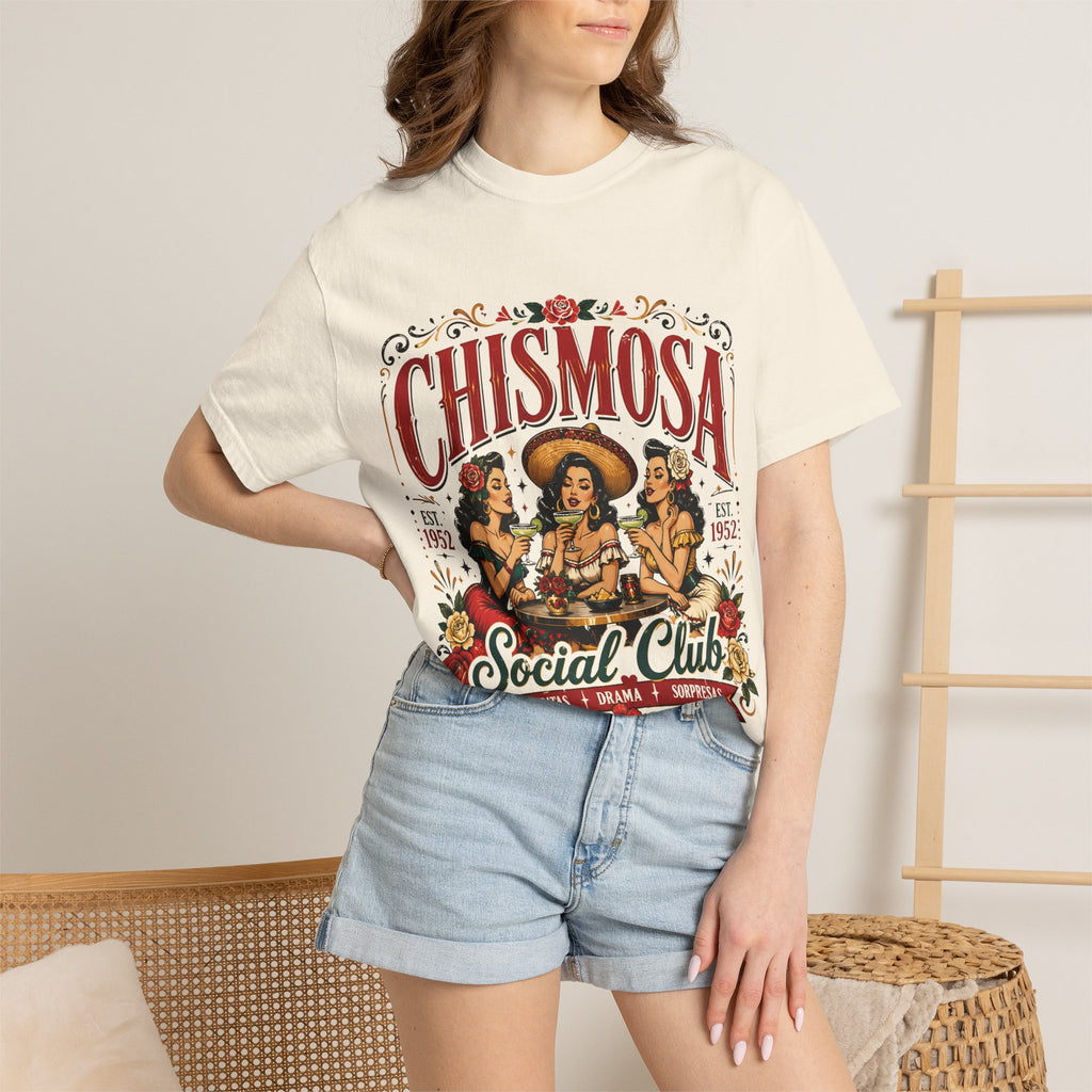Chismosa Social Club tee lifestyle 2 - funny chicana gossip retro pinup Comfort Colors