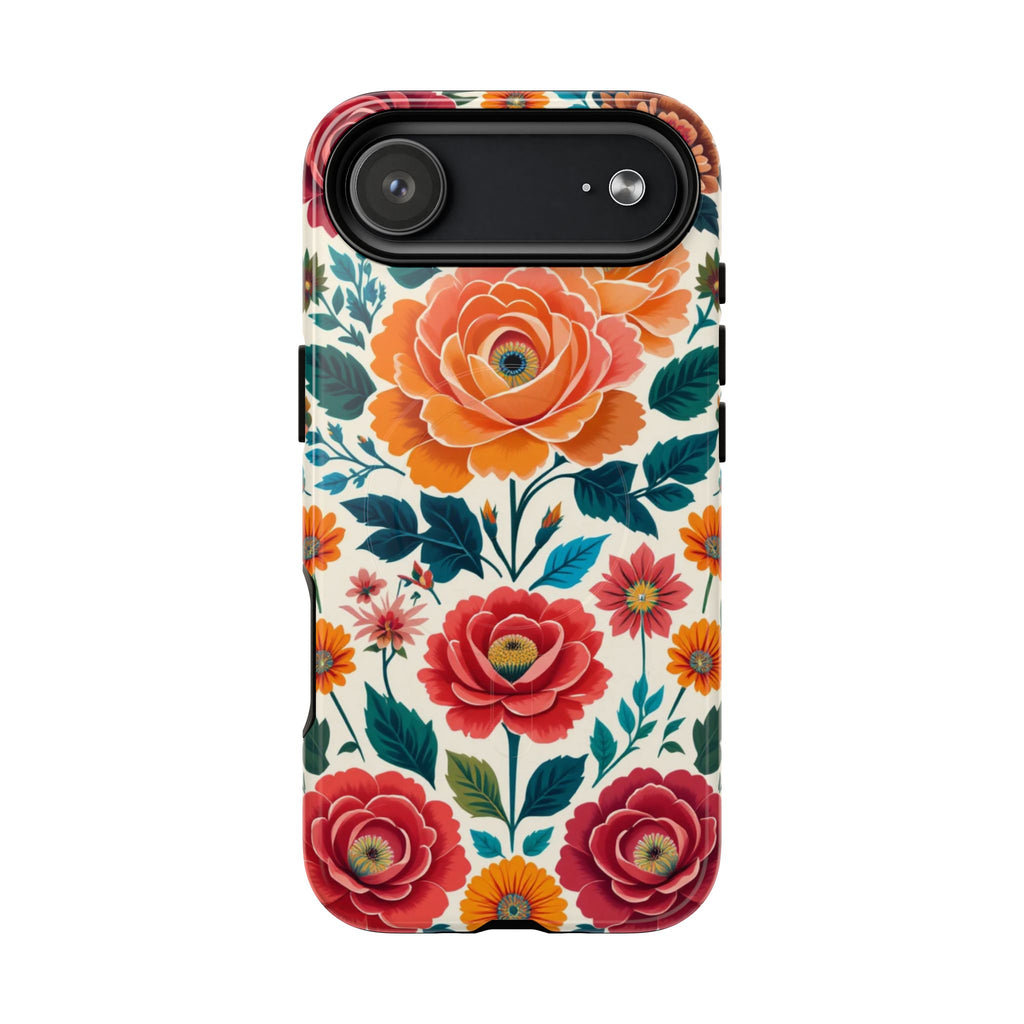 Floral Rose Tough Magnetic Phone Case — Vintage Orange & Red Garden Design