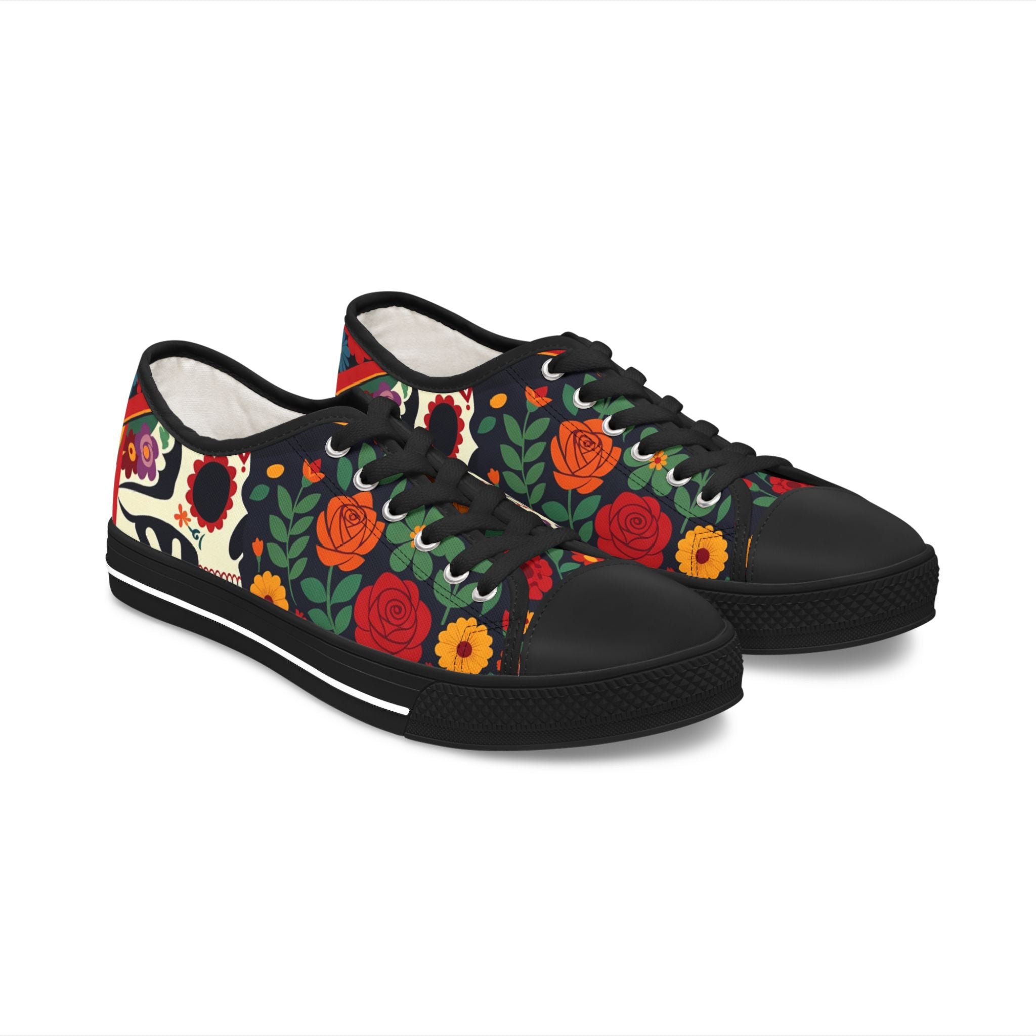 Women's Low Top Sneakers — Colorful Day of the Dead Floral Skull Design