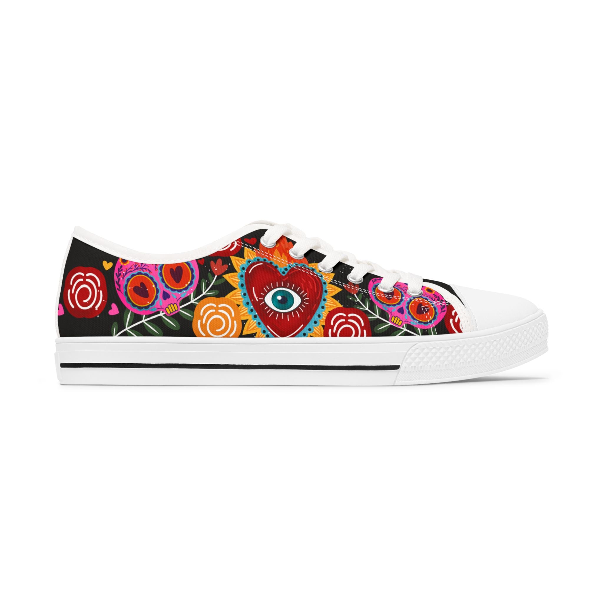 Women's Low Top Sneakers — Vibrant Heart & Eye Floral Pattern