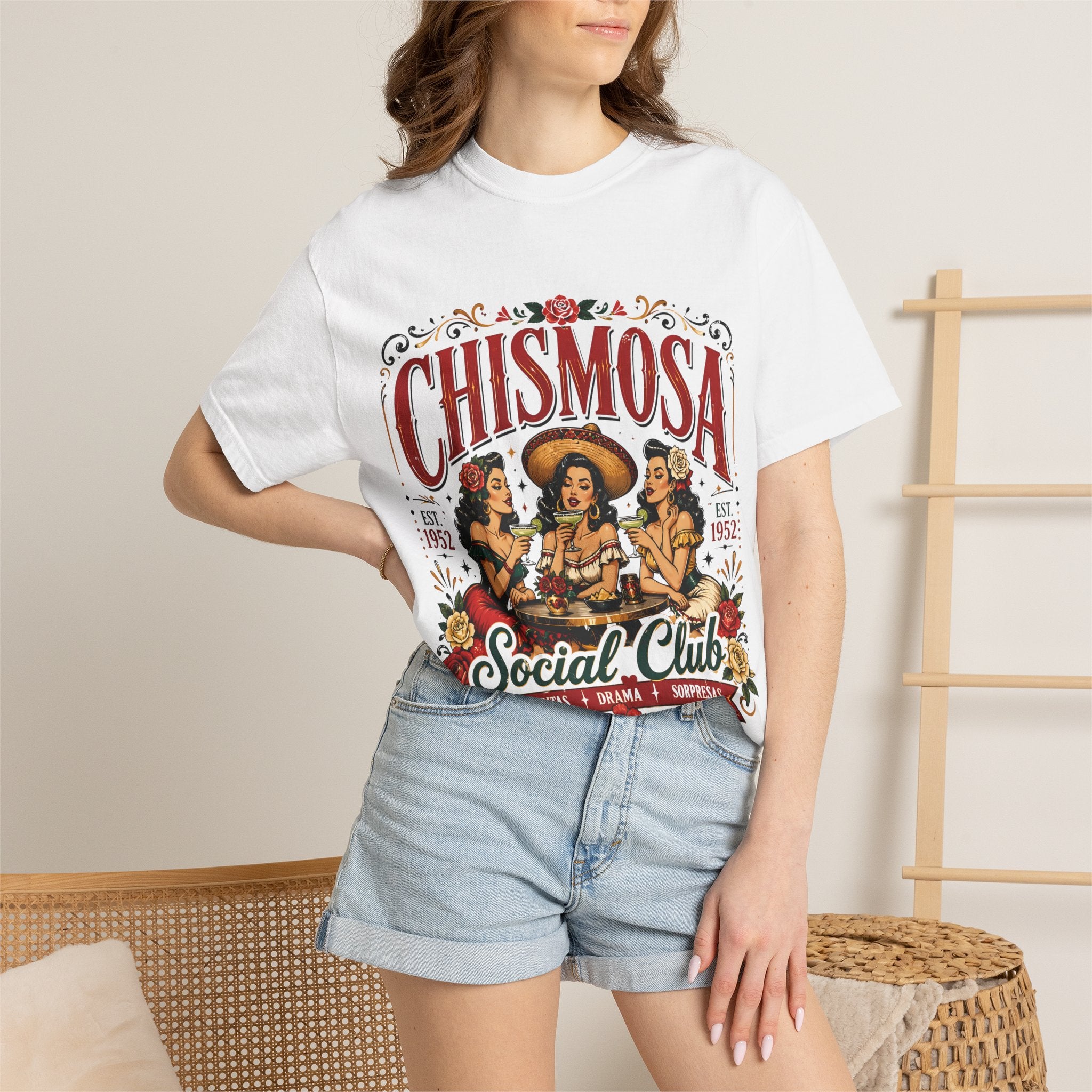 Chismosa Social Club tee lifestyle 1 - retro pinup garment-dyed Latina girls night shirt
