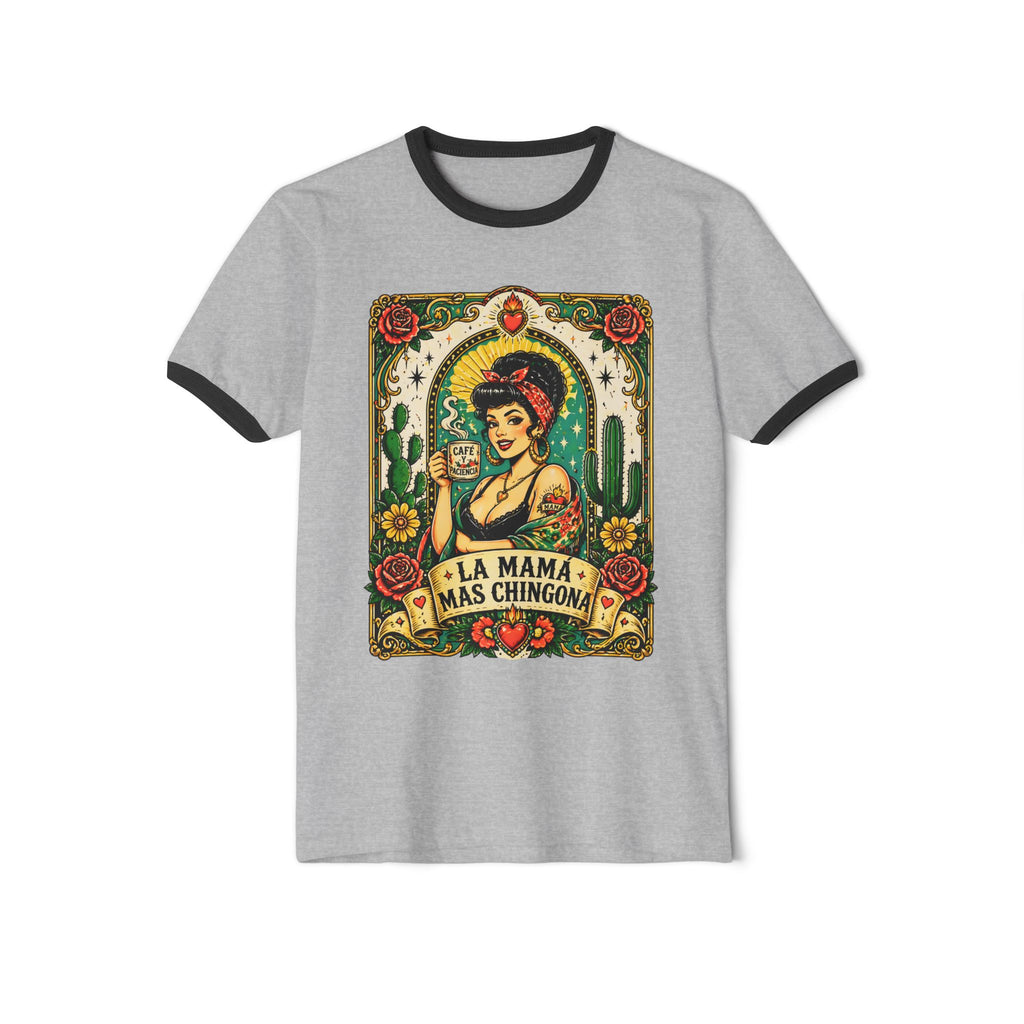 La Mama Mas Chingona ringer tee heather grey black - vintage folk art cactus rose Latina mother shirt