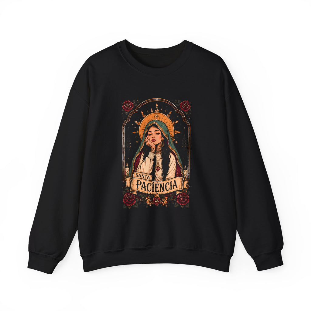 Paciencia Graphic Sweatshirt — Retro Saint-Inspired Woman with Roses