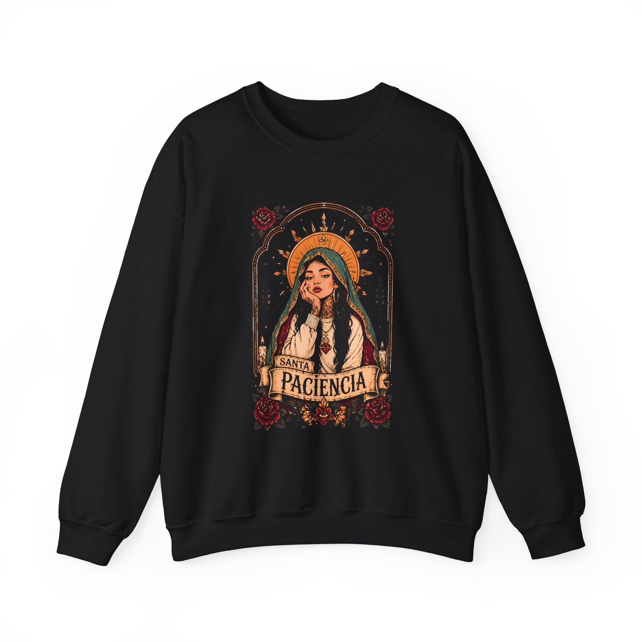 Paciencia Graphic Sweatshirt — Retro Saint-Inspired Woman with Roses