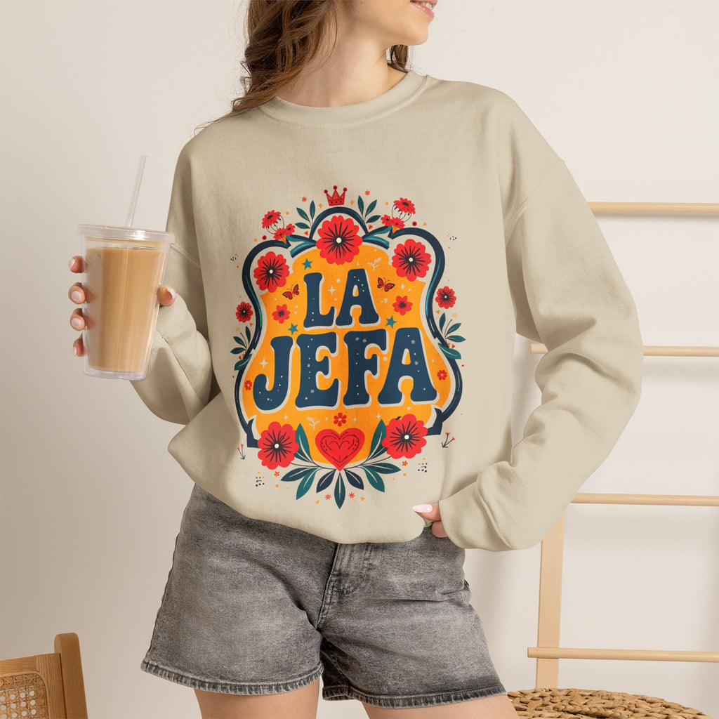 La Jefa floral crewneck lifestyle 2 - folk art boss Latina pullover mothers day gift