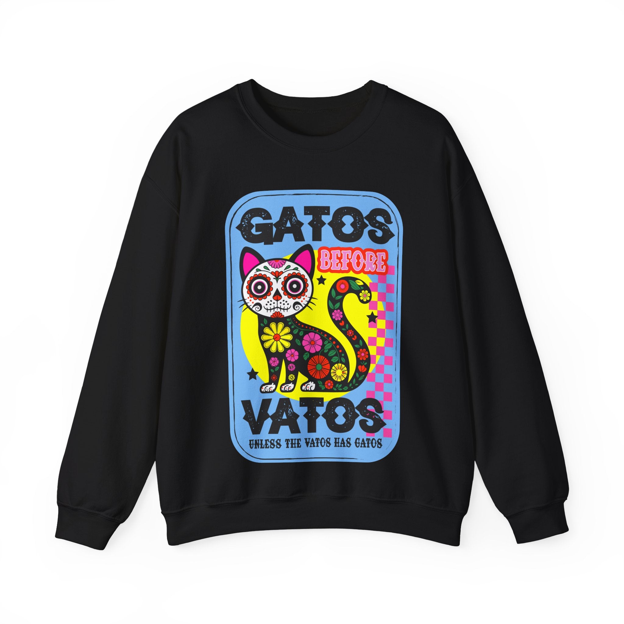 Gato Before Vato Crewneck Sweatshirt — Colorful Day of the Dead Cat Graphic