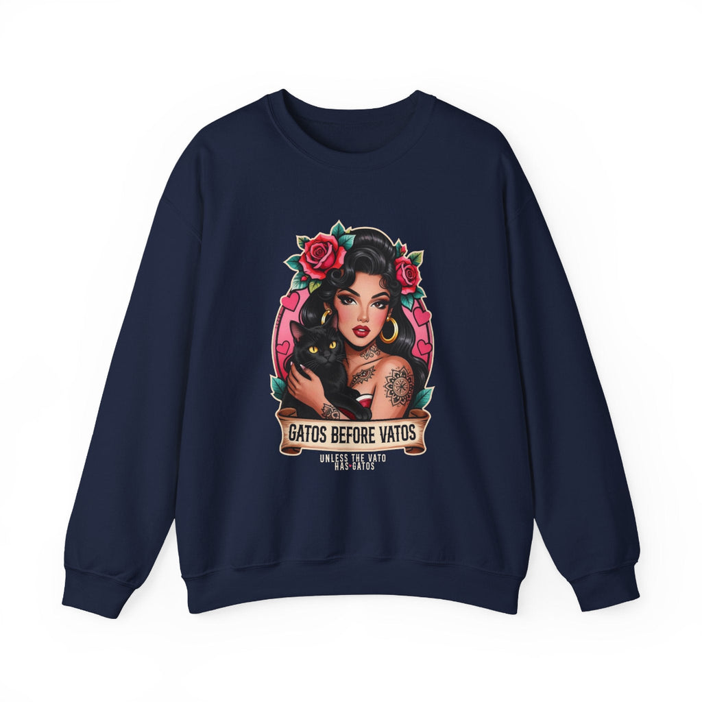 Crewneck Sweatshirt - "Gatos Before Vatos" Chicana Pin-Up Cat Lover Design