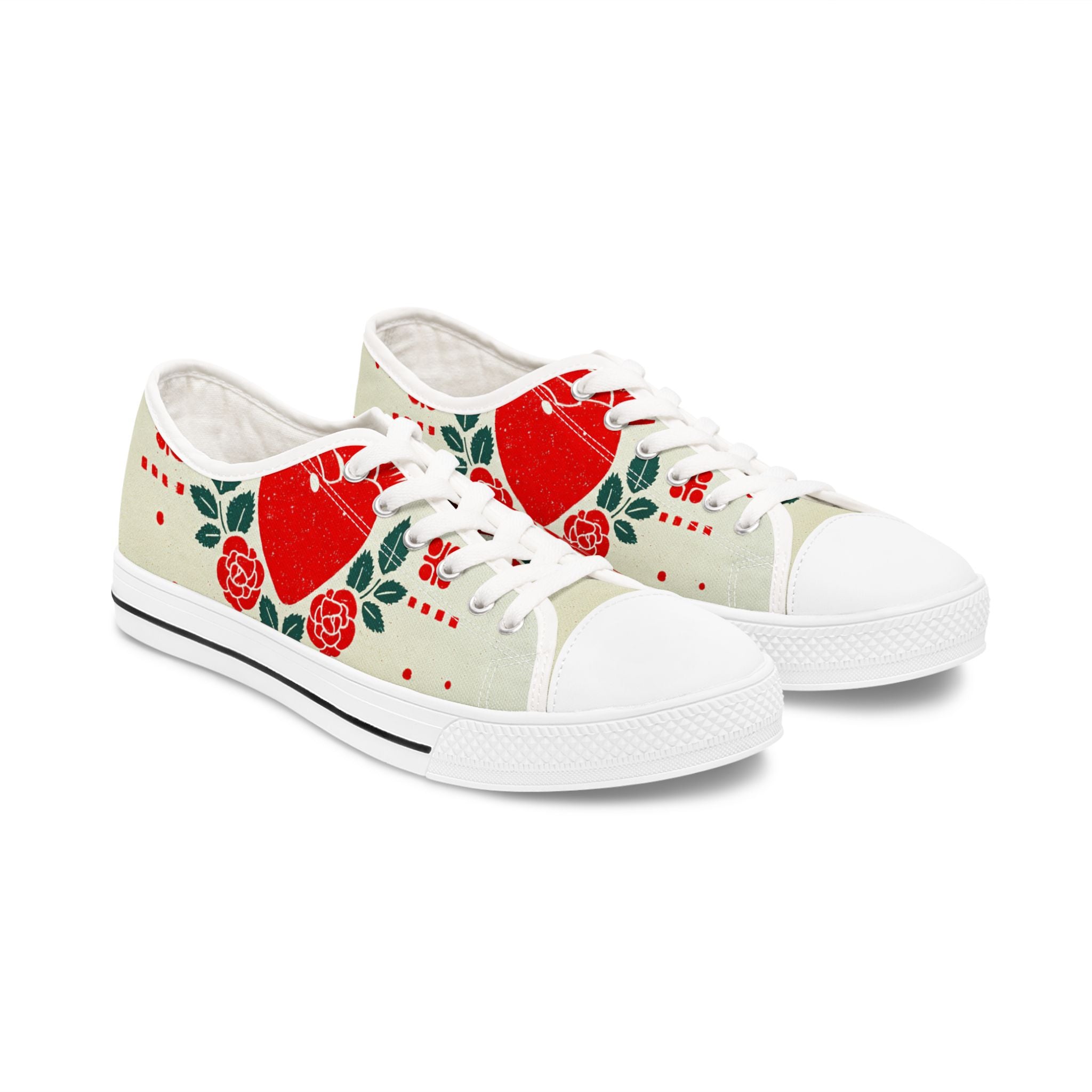 Heart & Roses Low Top Sneakers — Women's Valentine's Floral Canvas Shoes