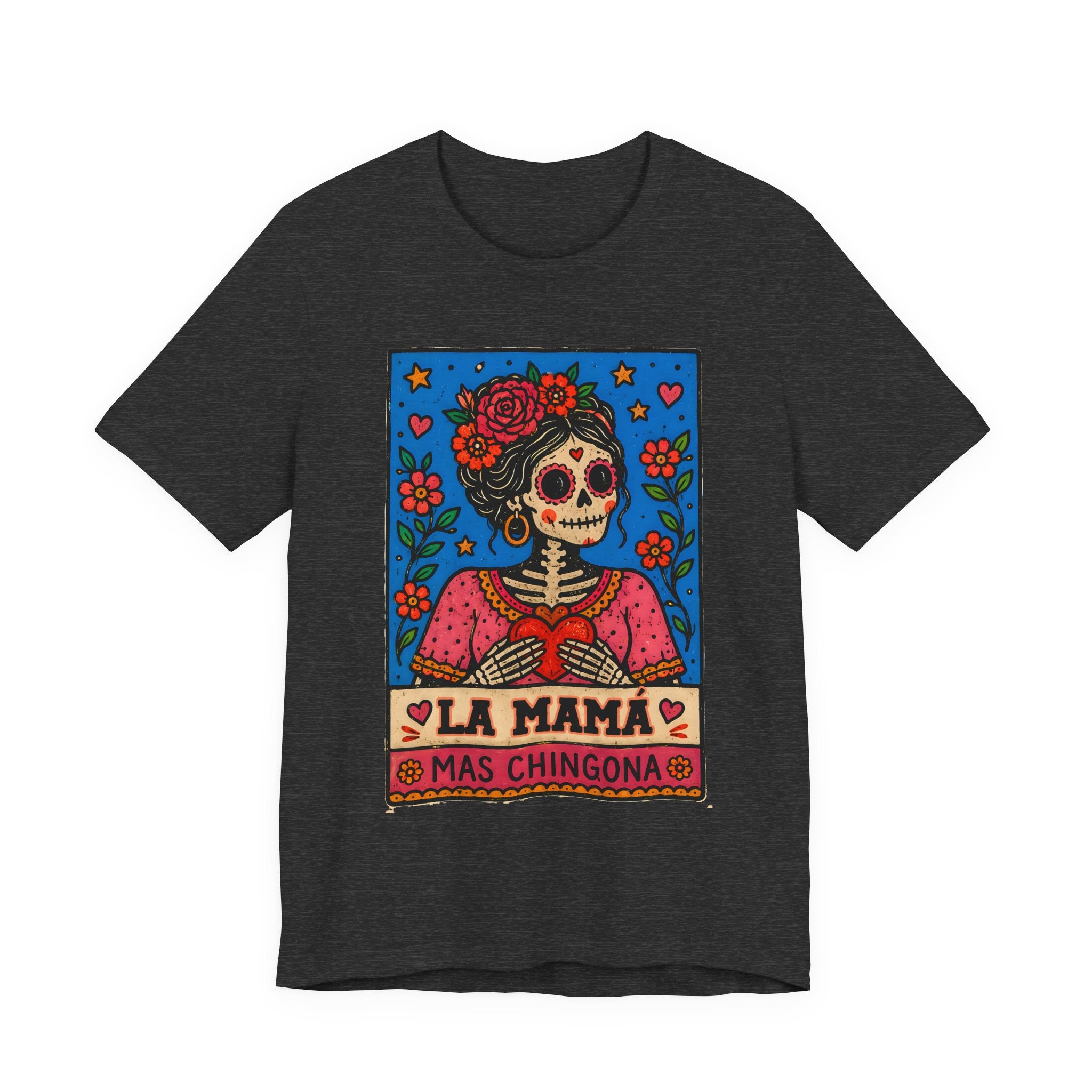 La Mama Mas Chingona mustard tee - bold Day of Dead skull rose Latina mother gift