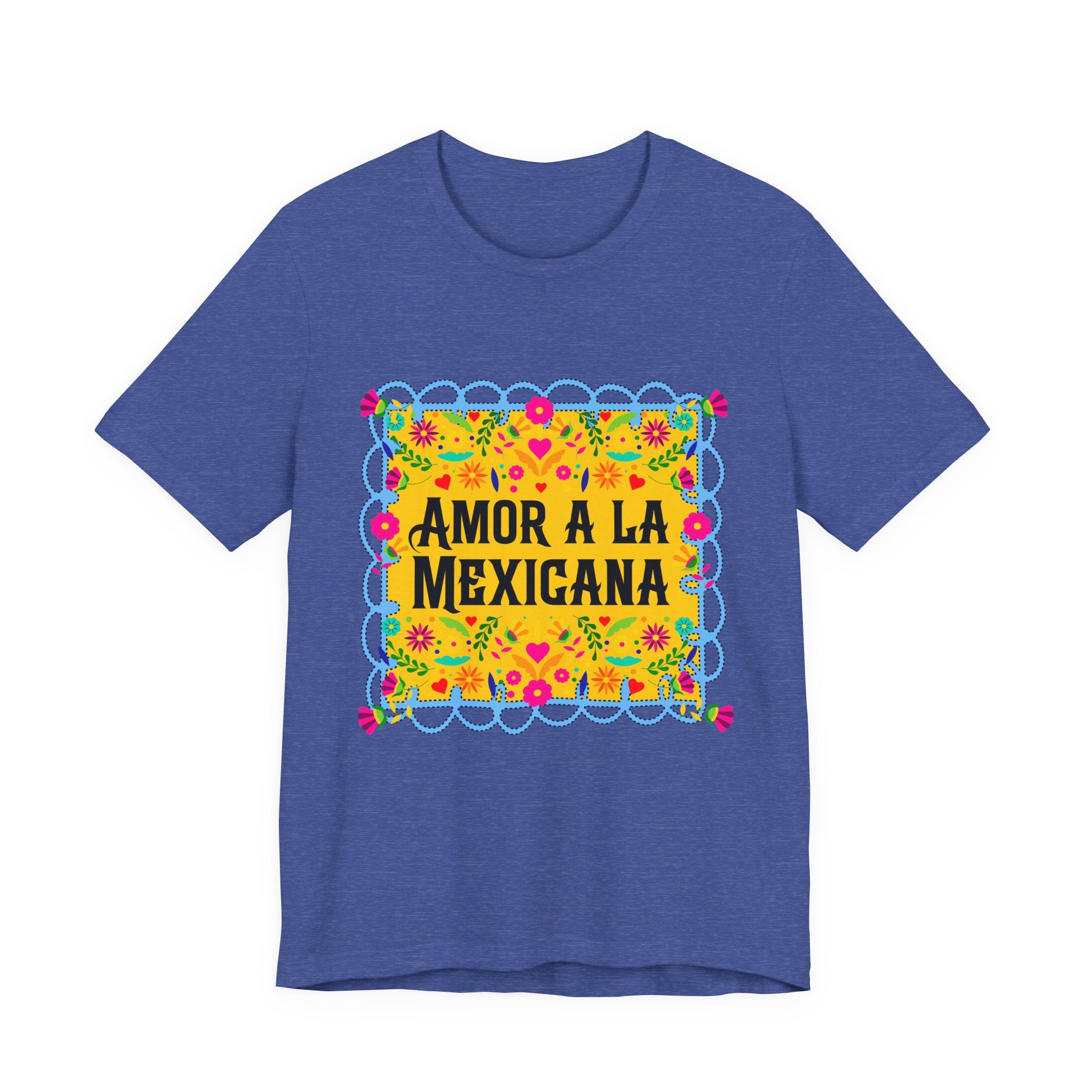 Close-up of a premium graphic t-shirt with vibrant Mexican floral artwork and "Amor a la Mexicana" typography.