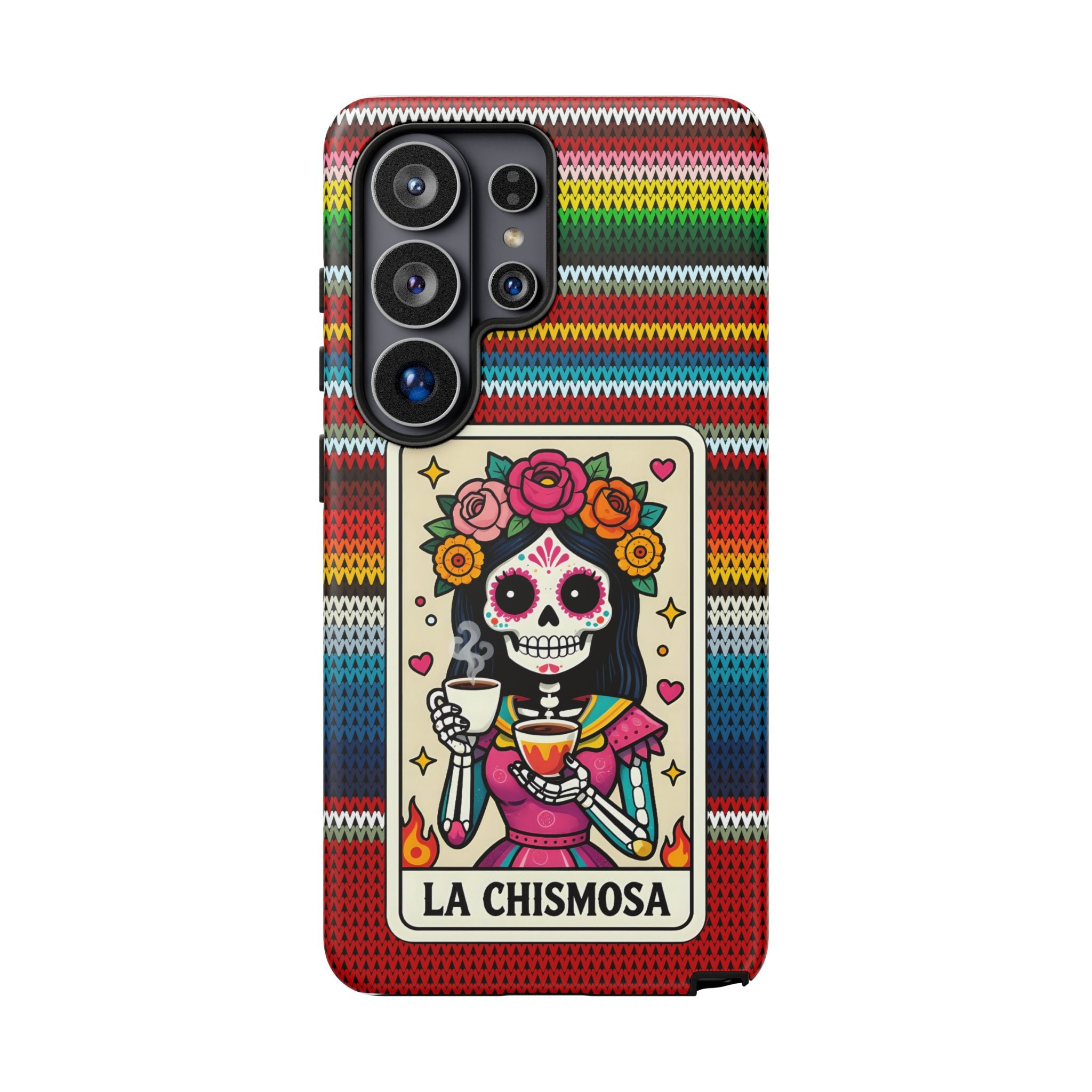La Chismosa Sugar Skull Phone Case — Colorful Serape Pattern, Day of the Dead Style