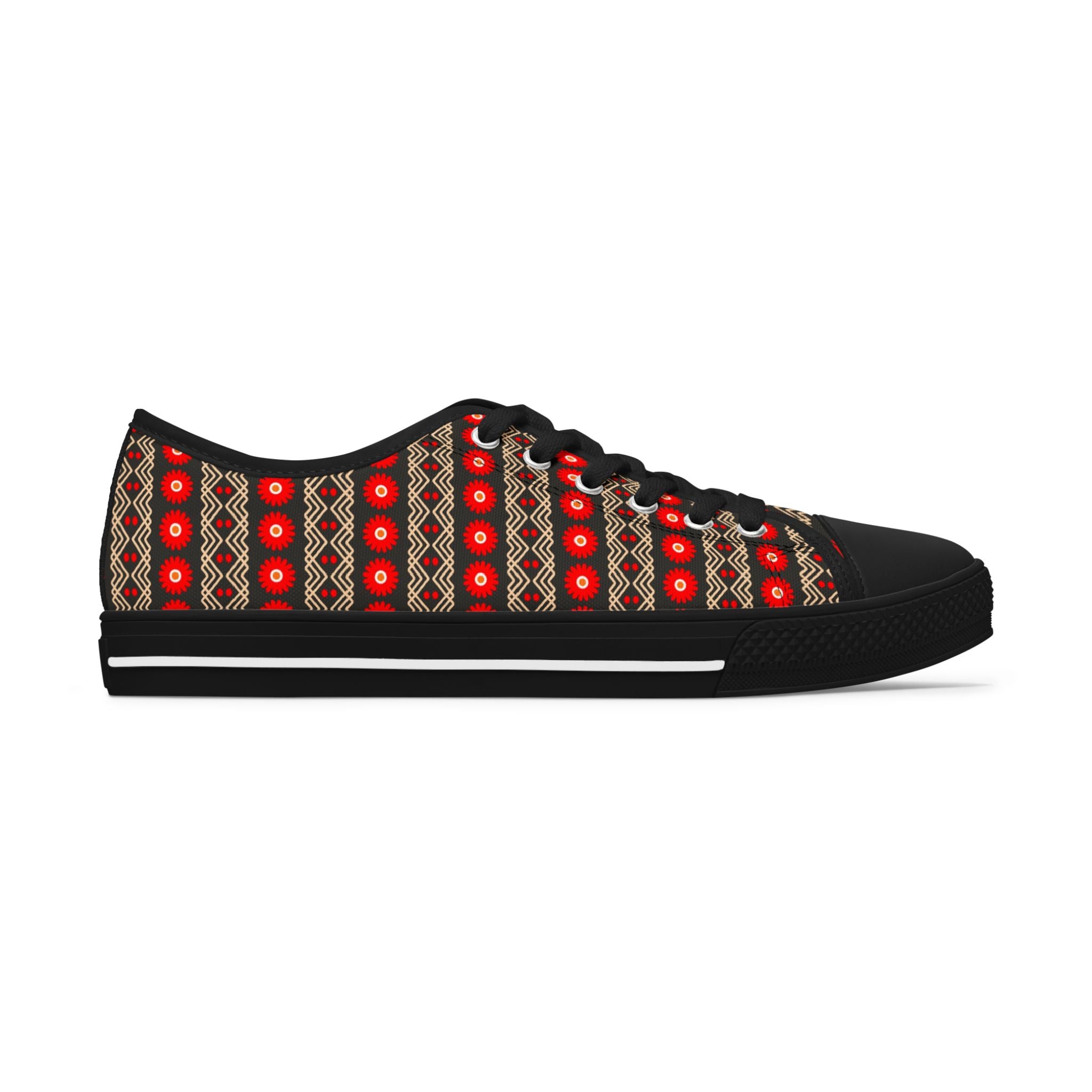 Low Top Sneakers — Red Geometric Pattern Casual Women's Canvas Shoes