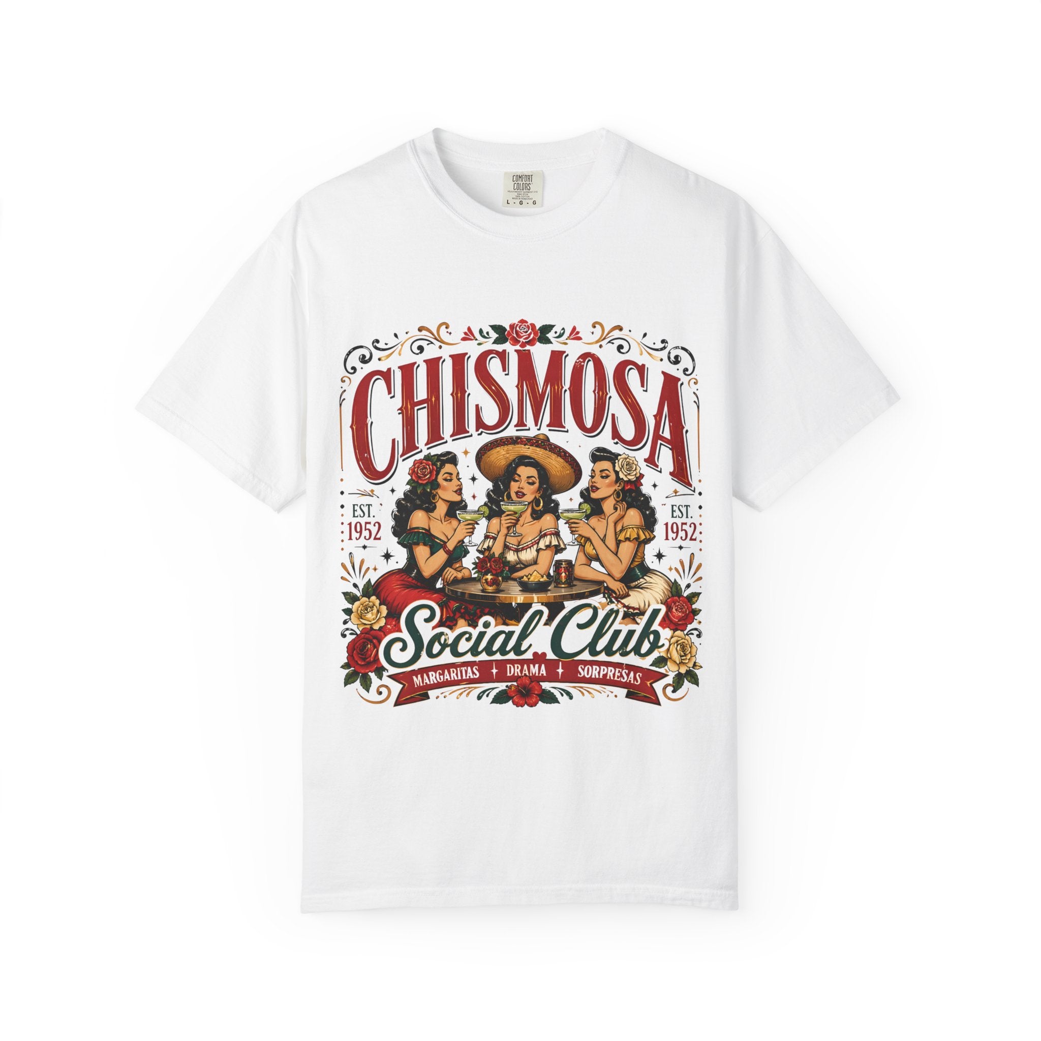 Chismosa Social Club retro pinup tee white - garment-dyed Latina gossip girls night shirt