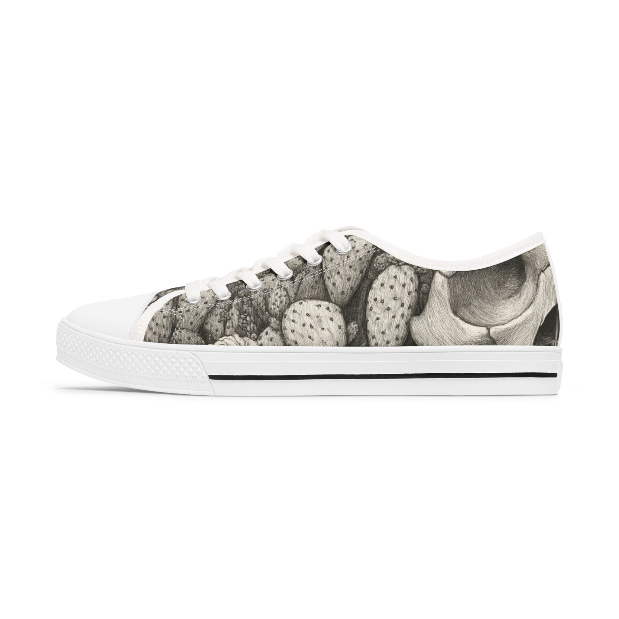 Low Top Sneakers — Monochrome Cactus Botanical Print Women's Sneakers