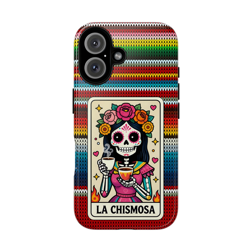 La Chismosa Sugar Skull Phone Case — Colorful Serape Pattern, Day of the Dead Style