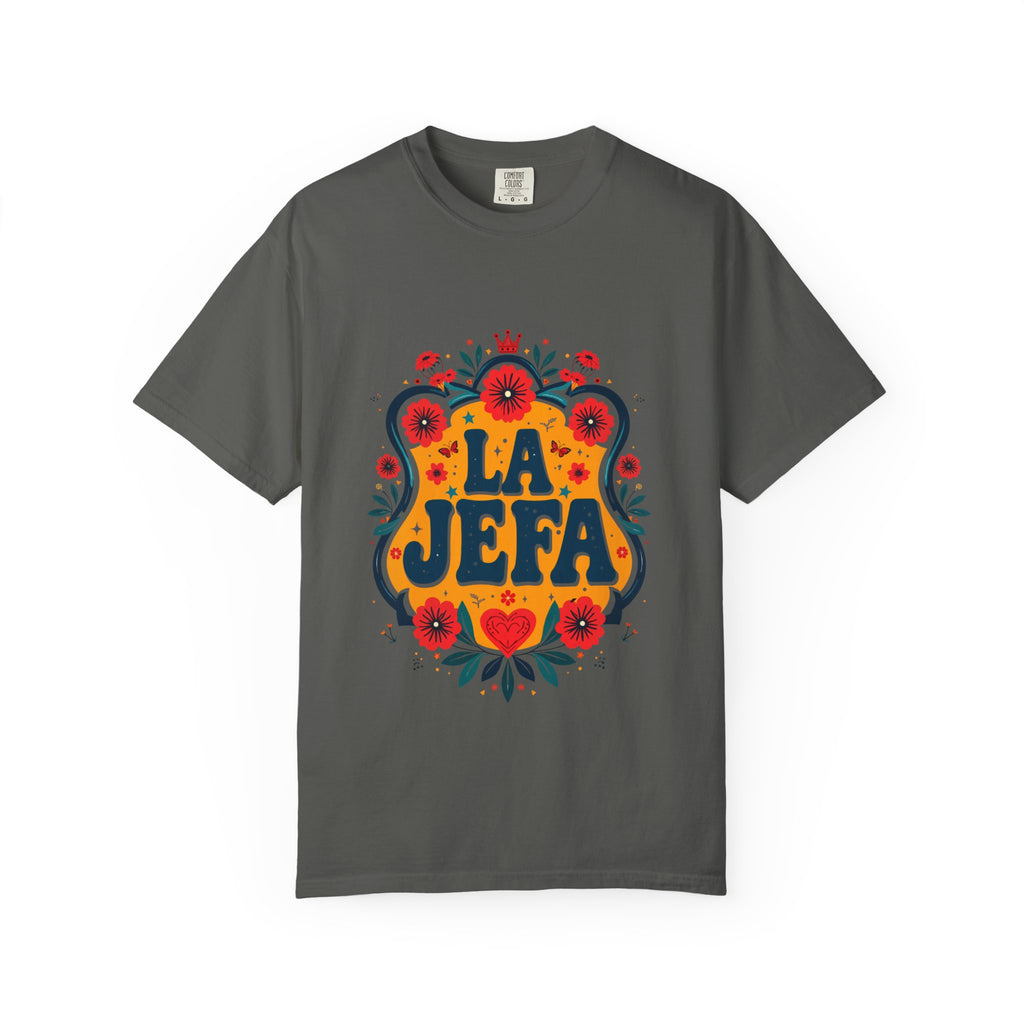 La Jefa folk art floral tee true navy - boss lady Latina mother garment-dyed shirt
