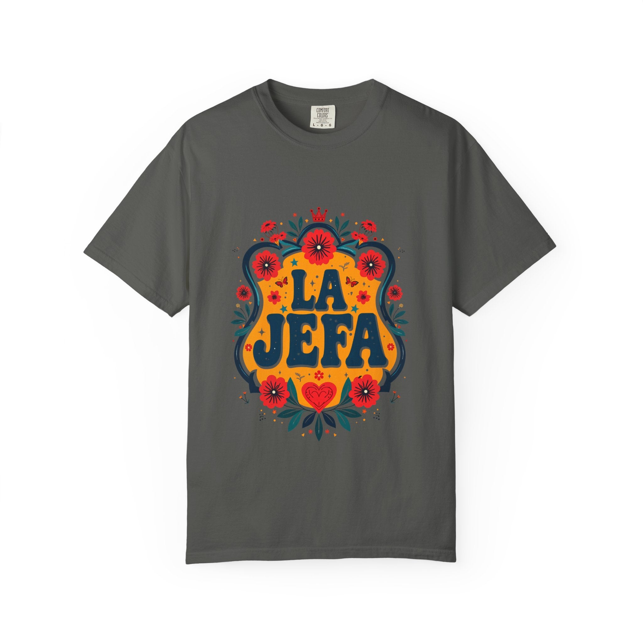 La Jefa folk art floral tee true navy - boss lady Latina mother garment-dyed shirt