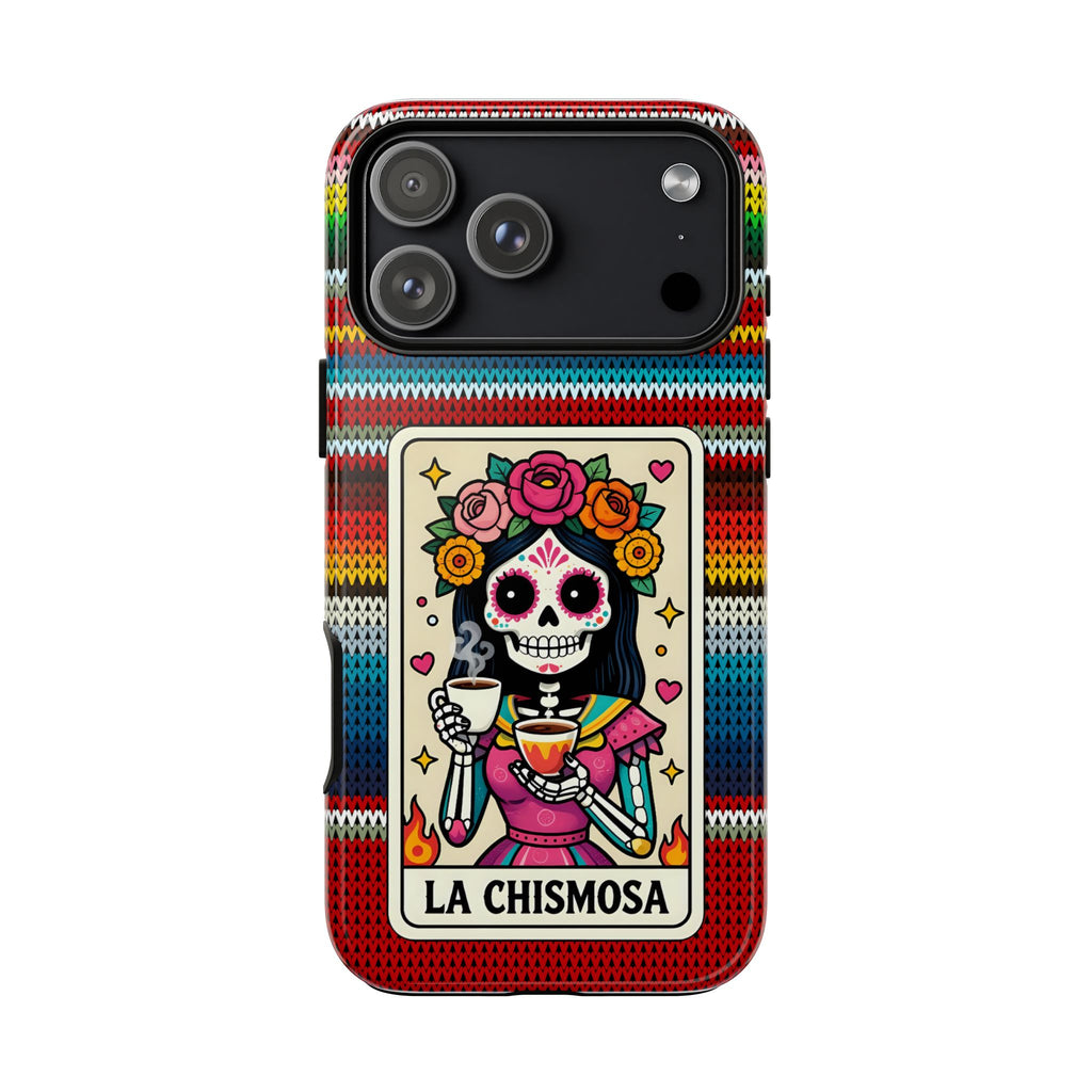 La Chismosa Sugar Skull Phone Case — Colorful Serape Pattern, Day of the Dead Style