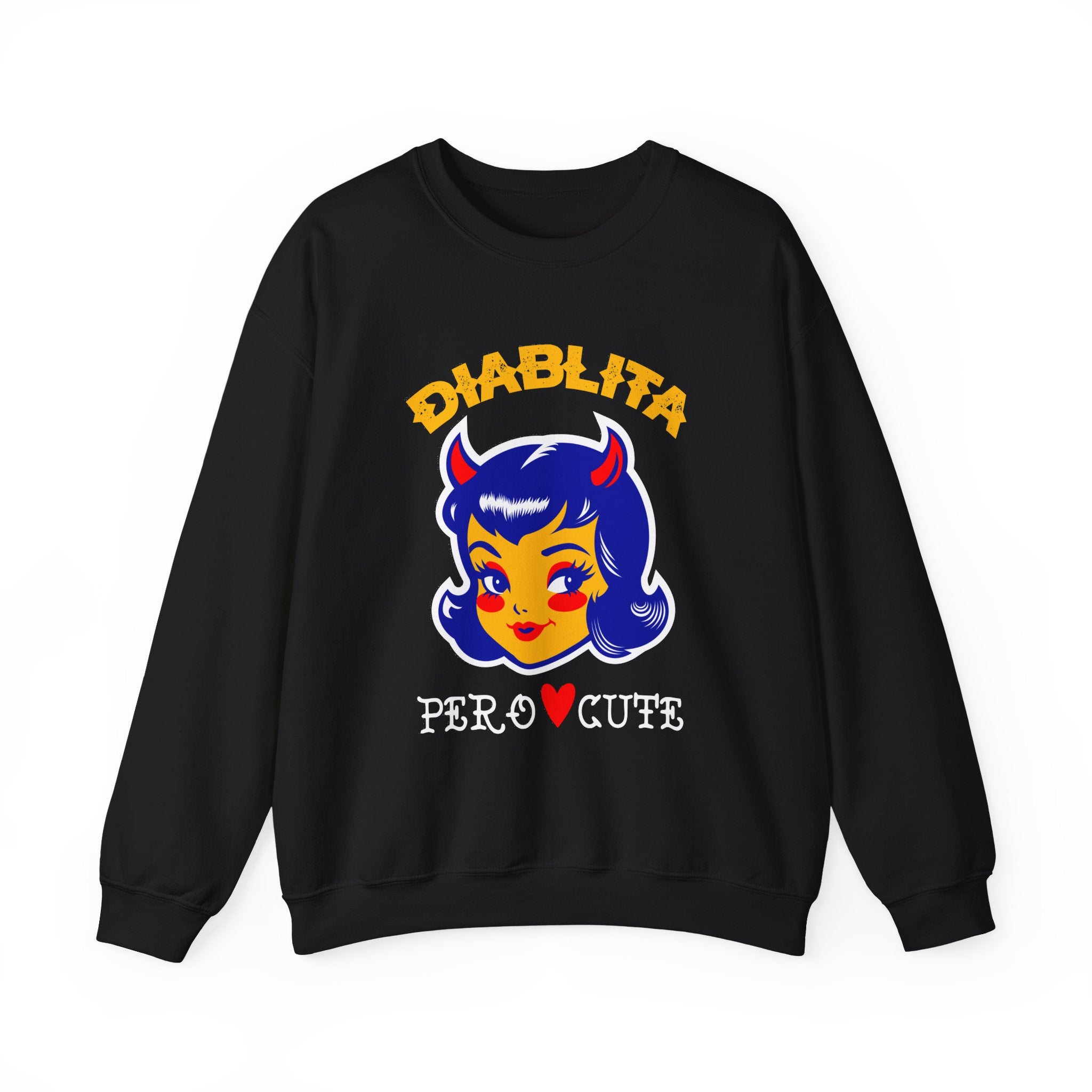 Crewneck Sweatshirt — “Diablita Pero Cute” Retro Devil Girl Graphic