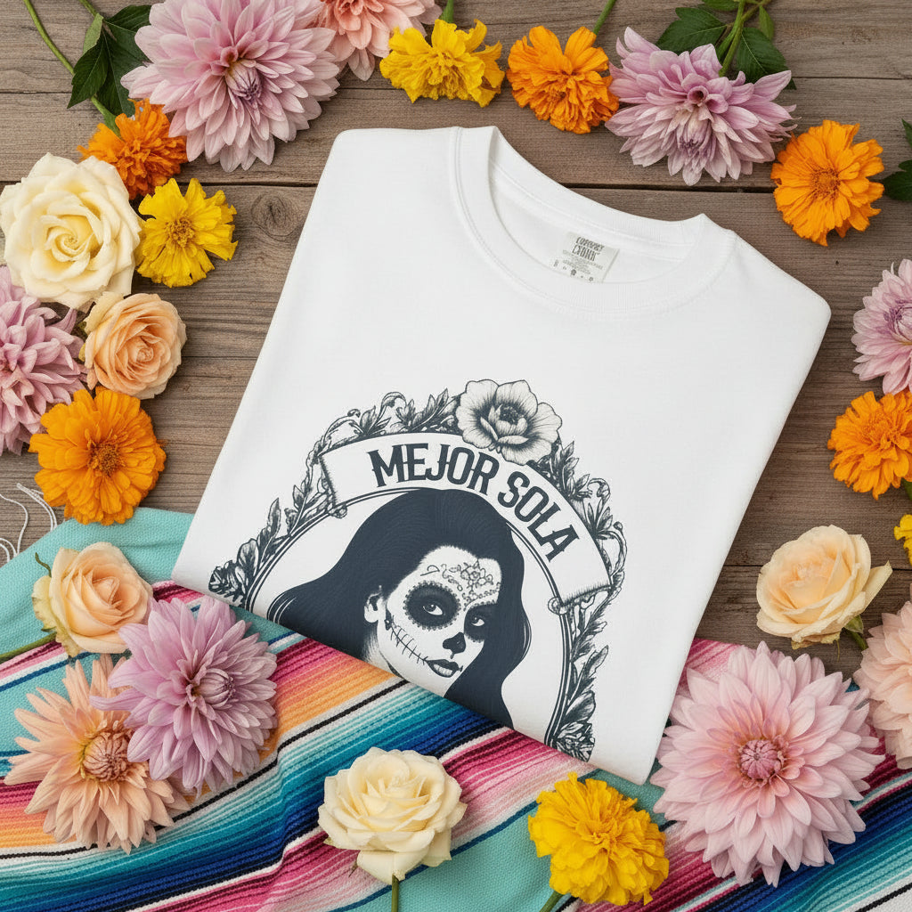 A detailed graphic print of a vintage-style Mexican calavera silhouette featuring the text “Mejor Sola Que Mal Acompañada” on a heavyweight Comfort Colors shirt.