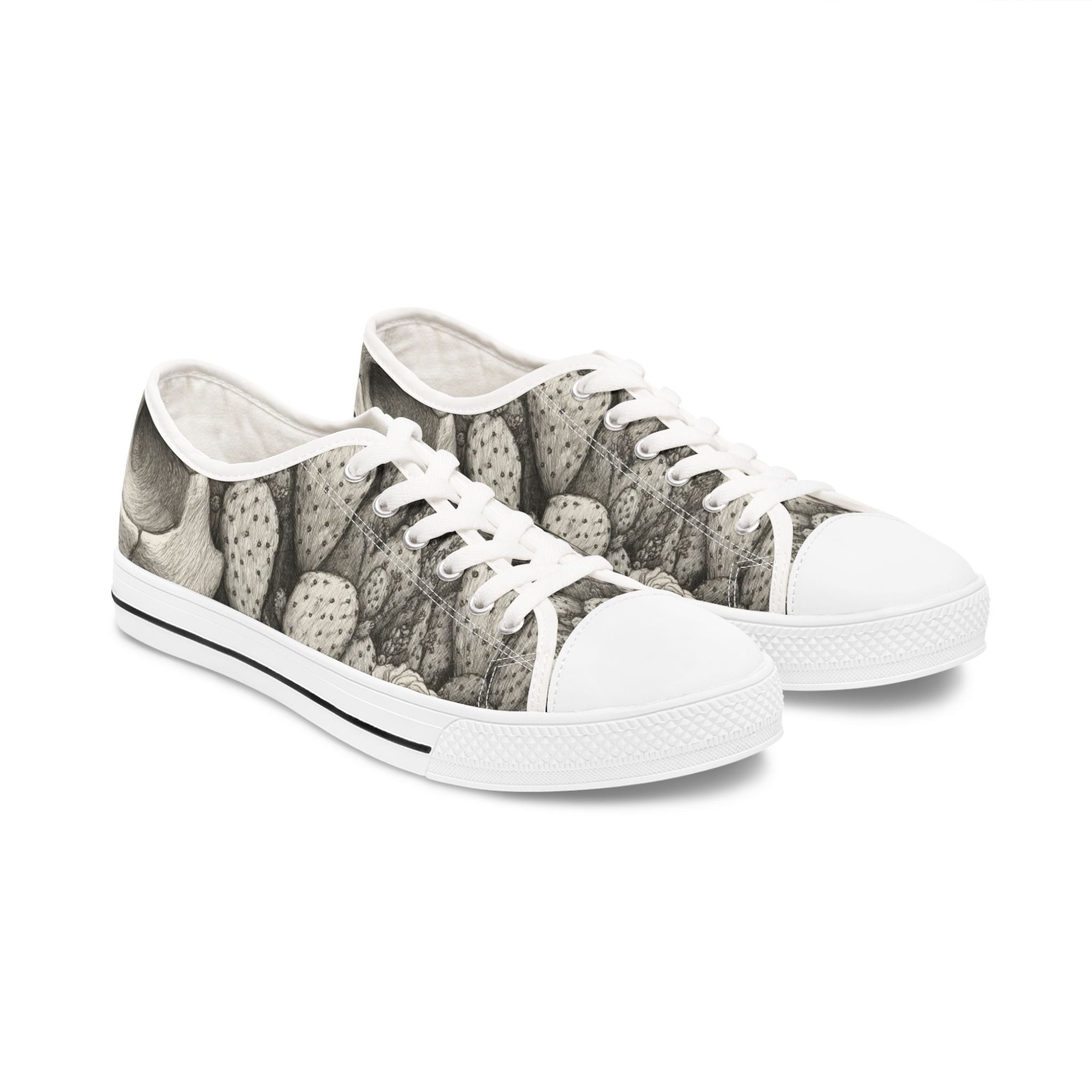 Low Top Sneakers — Monochrome Cactus Botanical Print Women's Sneakers