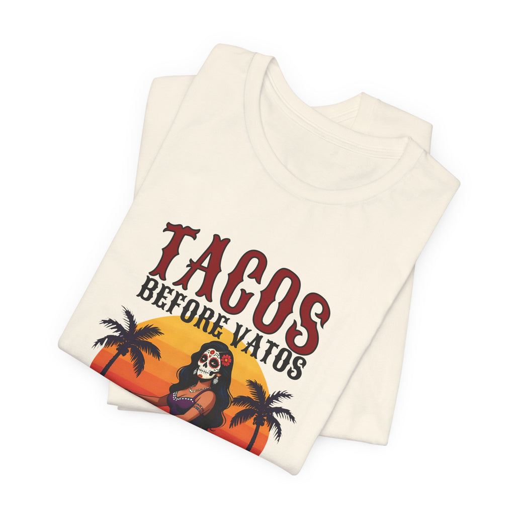 Taco Lover Tee — “Tacos Before Vatos” Motorcycle Sunset Graphic Shirt