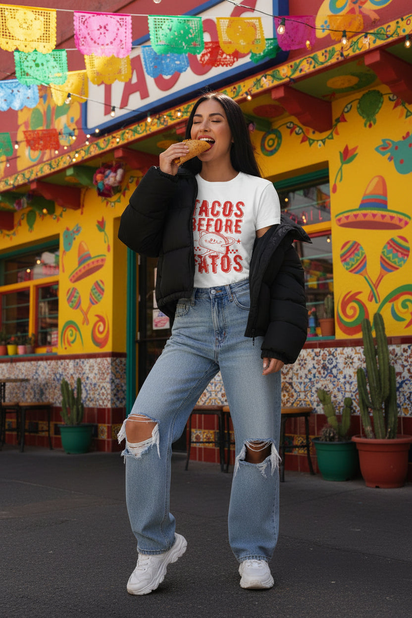 Tacos Before Vatos Graphic Tee | Retro 70s Latina Streetwear Shirt