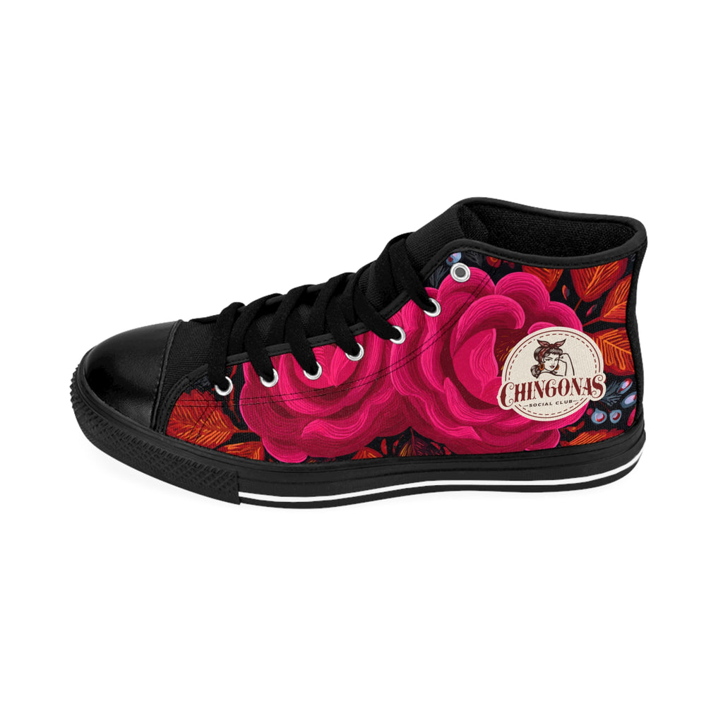 Women's High-Top Sneakers — Bold Pink Rose Floral Design