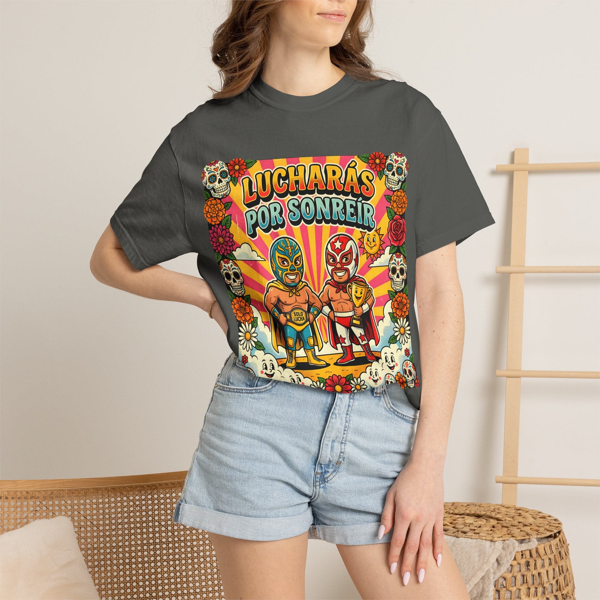 Luchadores Dia de Muertos tee lifestyle - bold Mexican wrestling Comfort Colors gift