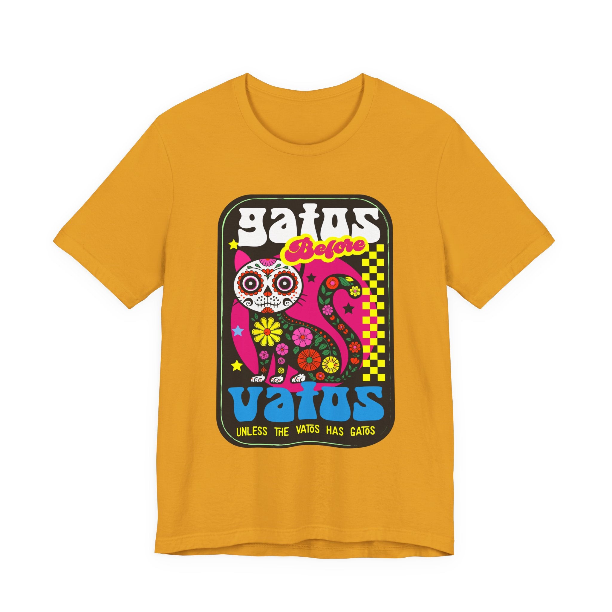 Gato Before Vato Cat Tee — Colorful Day of the Dead Cat Graphic T‑Shirt