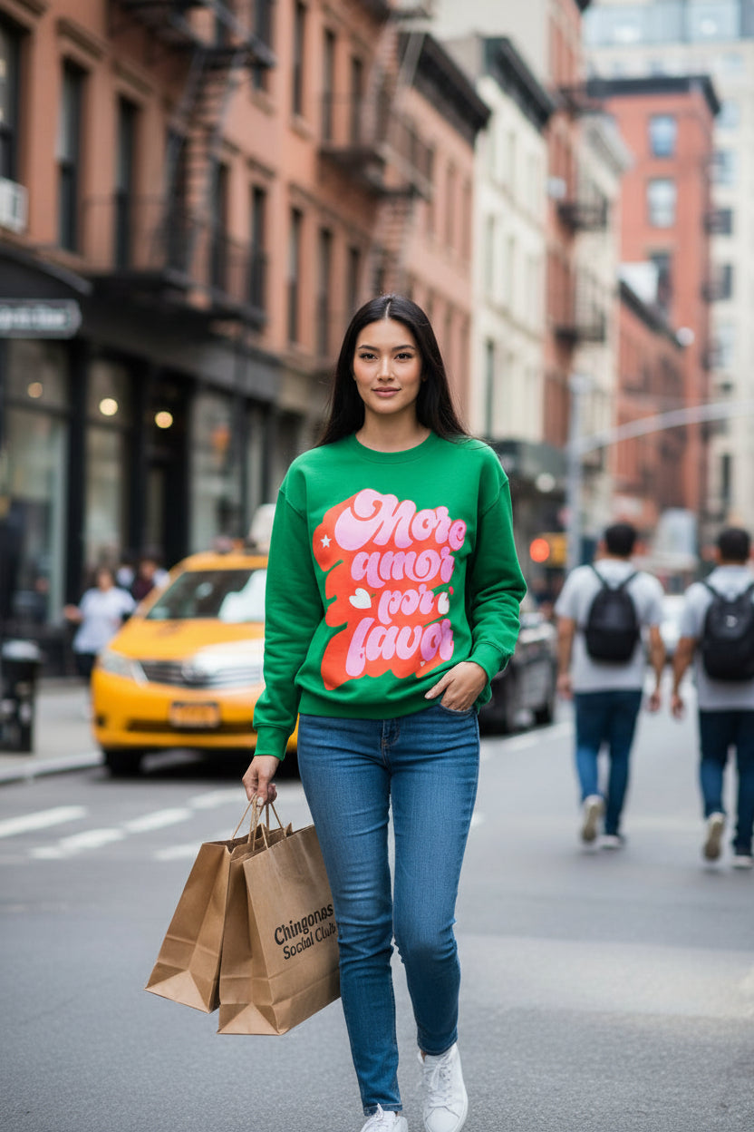 More Amor Por Favor Crewneck Sweatshirt — Retro Pink & Red Love Graphic
