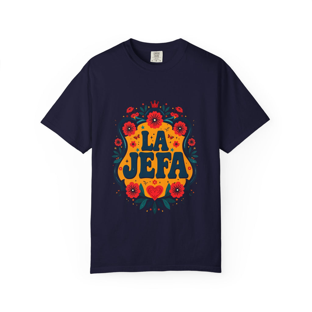 La Jefa floral garment-dyed tee black - bold Mexican folk art Latina boss shirt