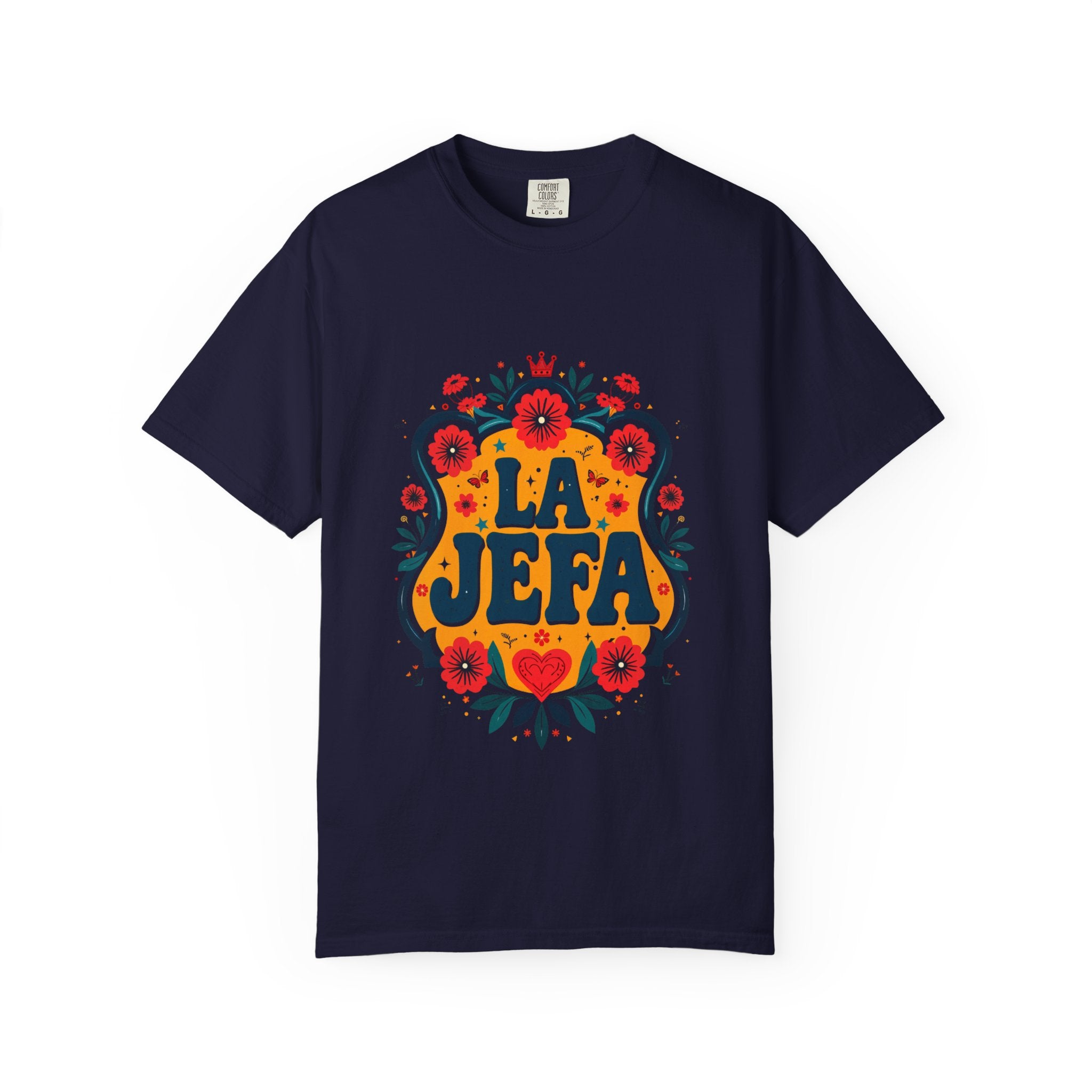 La Jefa floral garment-dyed tee black - bold Mexican folk art Latina boss shirt