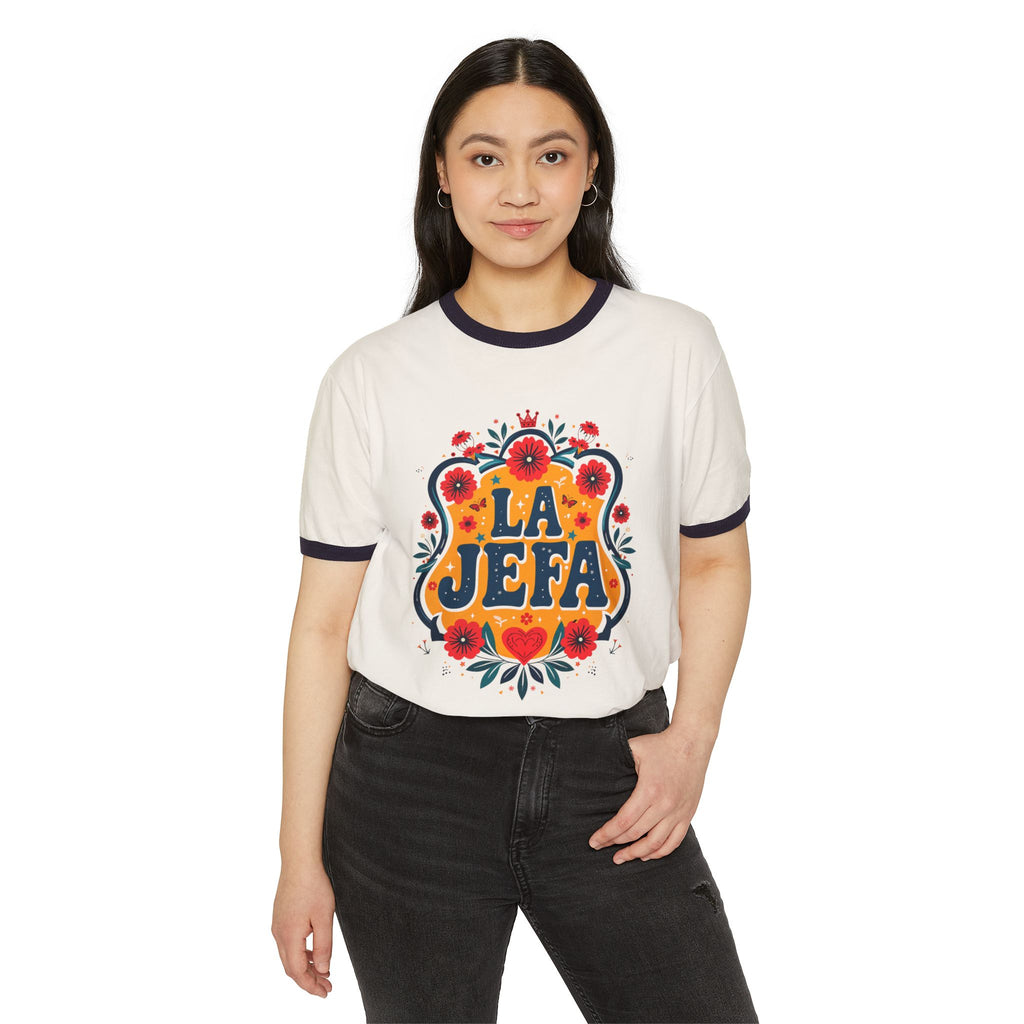 La Jefa Floral Ringer T-Shirt — Retro Hispanic Pride Tee