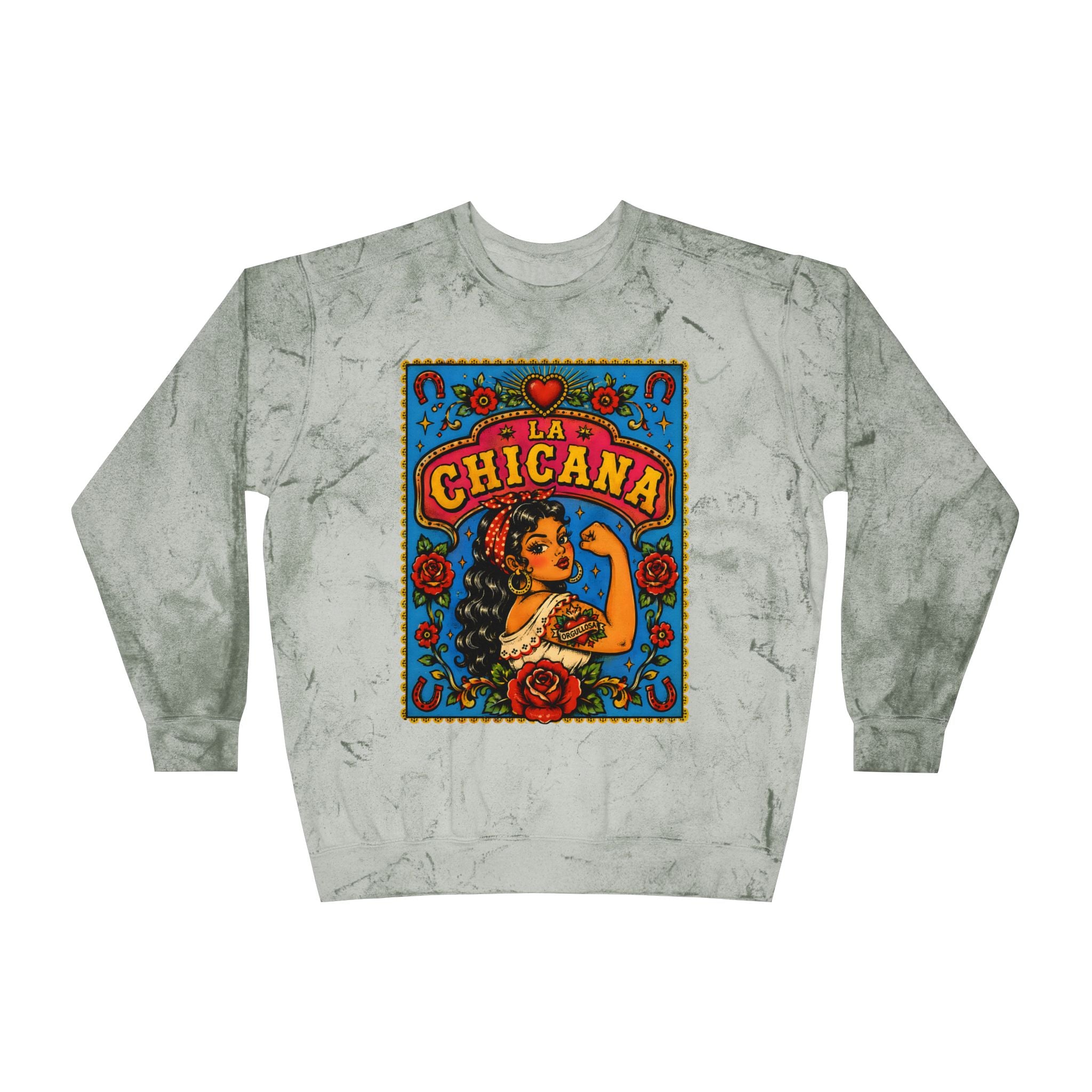 La Chicana Color Blast crewneck citrine - sun-washed vintage Latina tie-dye sweatshirt
