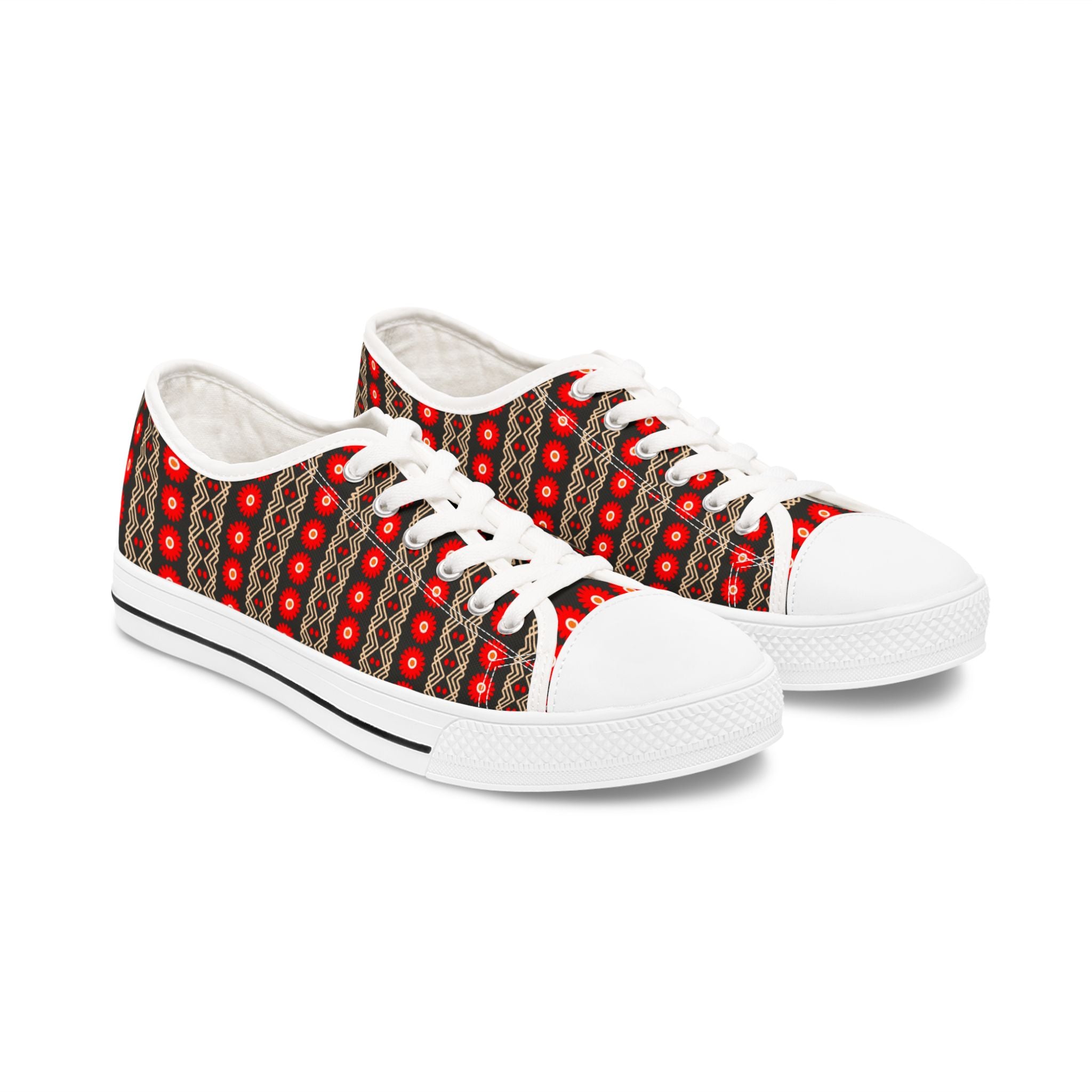 Low Top Sneakers — Red Geometric Pattern Casual Women's Canvas Shoes