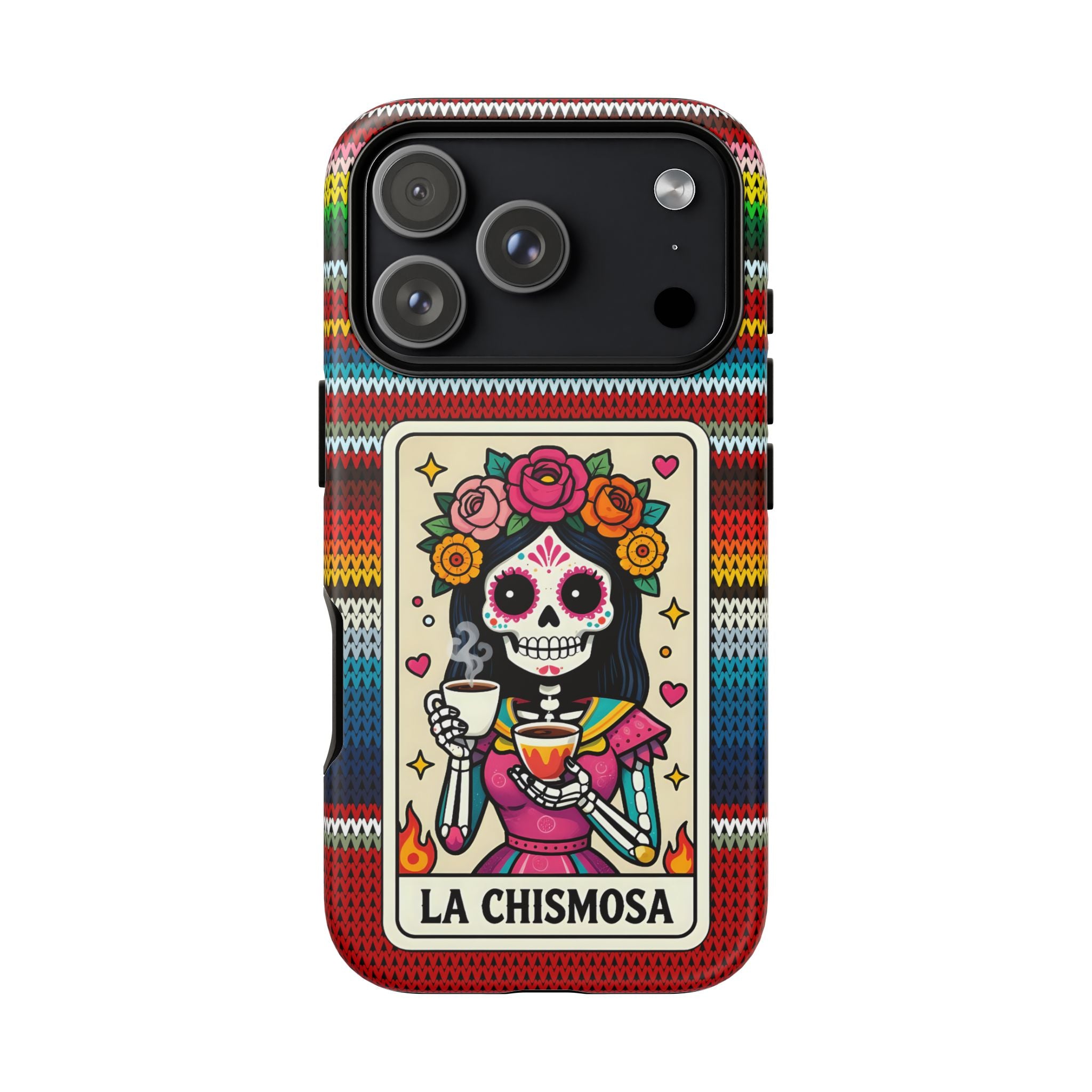 La Chismosa Sugar Skull Phone Case — Colorful Serape Pattern, Day of the Dead Style