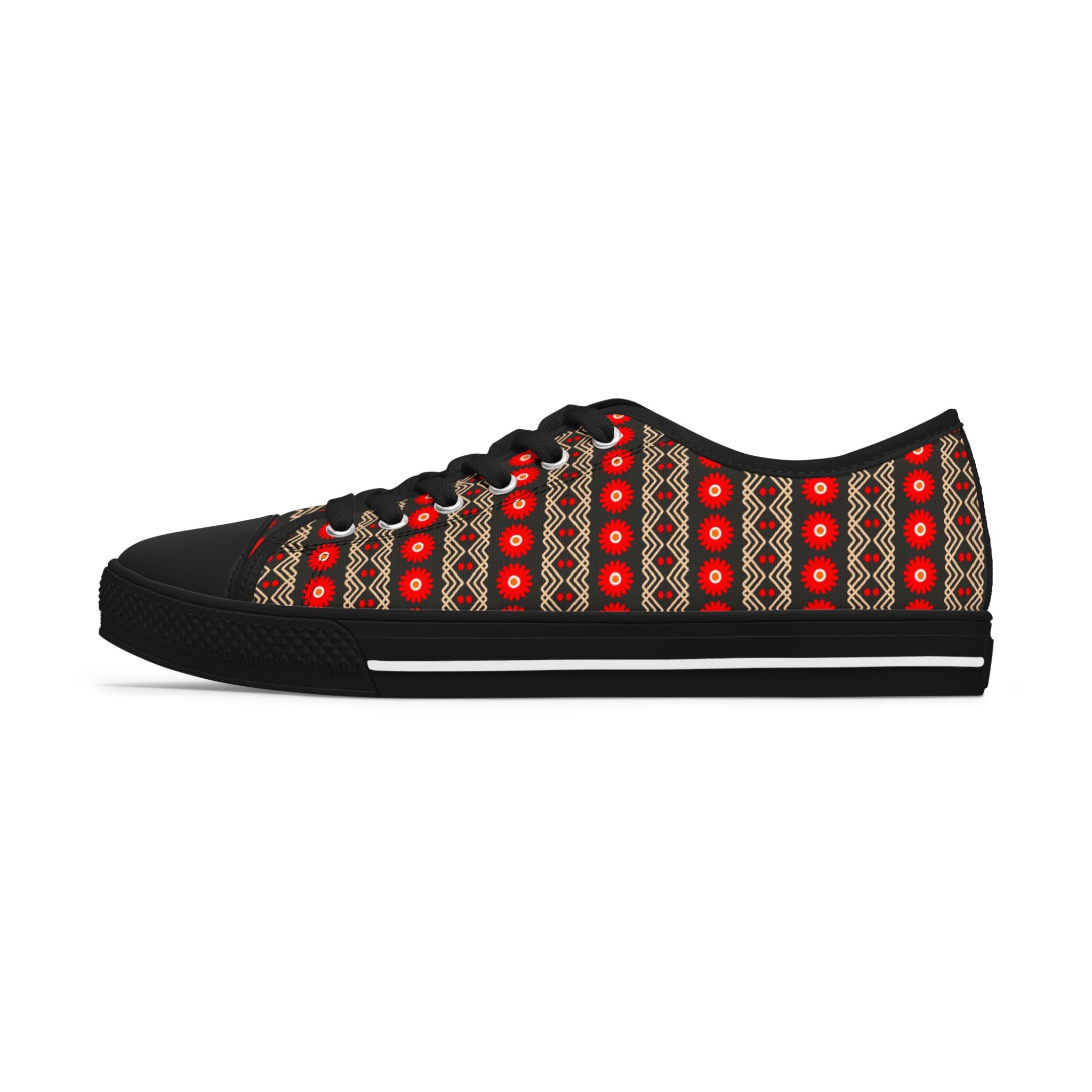Low Top Sneakers — Red Geometric Pattern Casual Women's Canvas Shoes