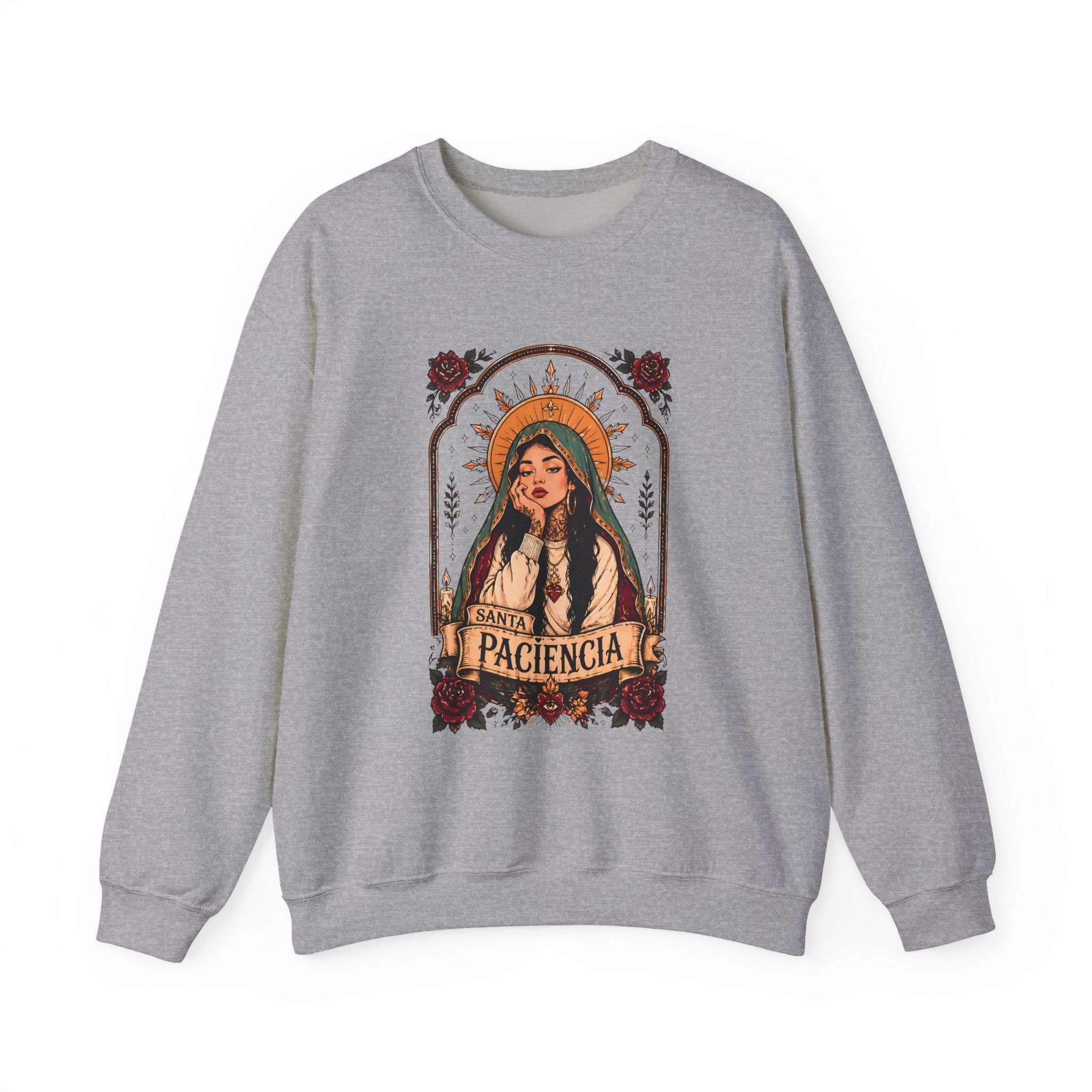Paciencia Graphic Sweatshirt — Retro Saint-Inspired Woman with Roses