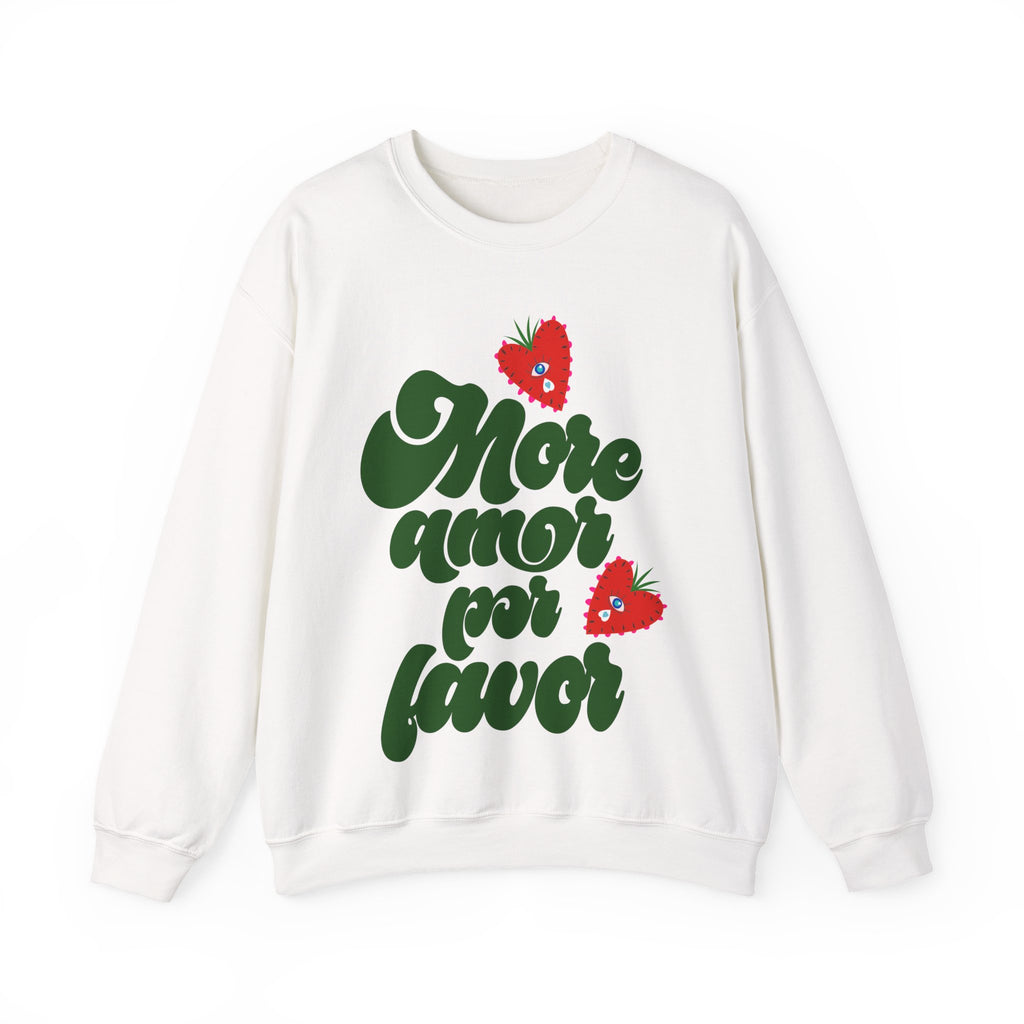 Crewneck Sweatshirt — "More Amor Por Favor" Retro Script with Heart Strawberries