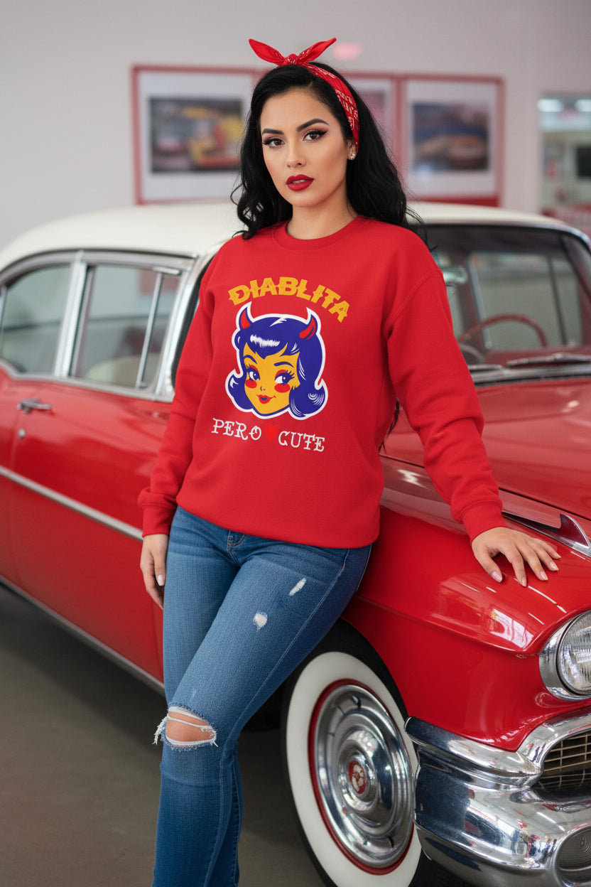 Crewneck Sweatshirt — “Diablita Pero Cute” Retro Devil Girl Graphic
