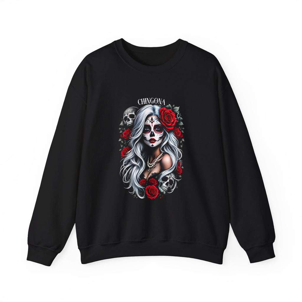 Day of the Dead Crewneck Sweatshirt — Chingona Sugar Skull Girl with Roses