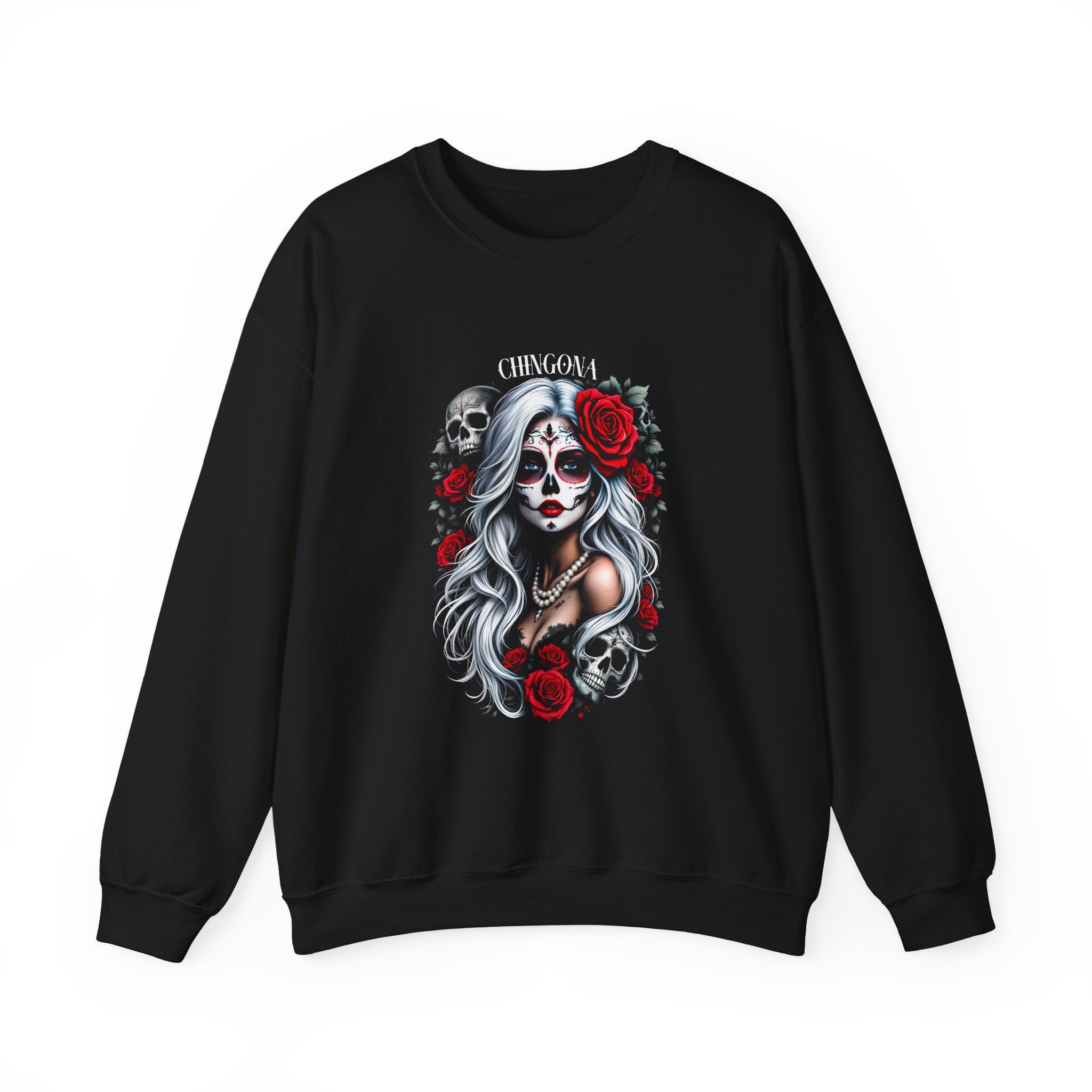 Day of the Dead Crewneck Sweatshirt — Chingona Sugar Skull Girl with Roses