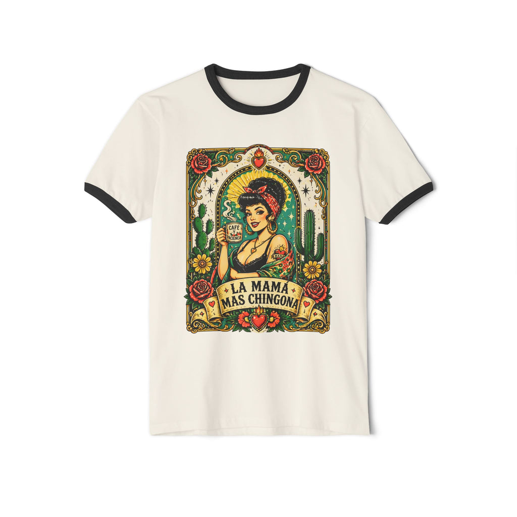 La Mama Mas Chingona natural black ringer tee - vintage Mexican folk art mother graphic shirt