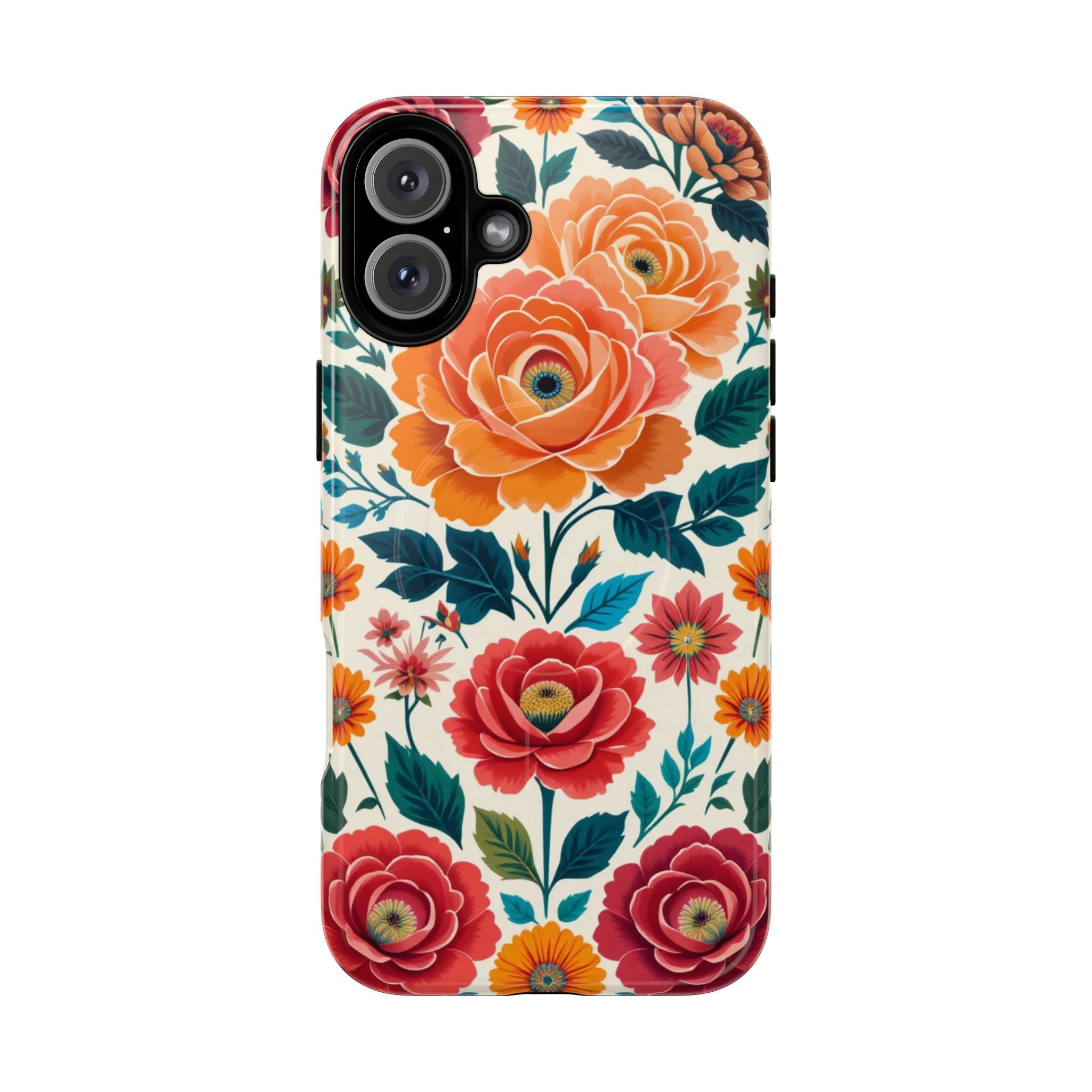Floral Rose Tough Magnetic Phone Case — Vintage Orange & Red Garden Design