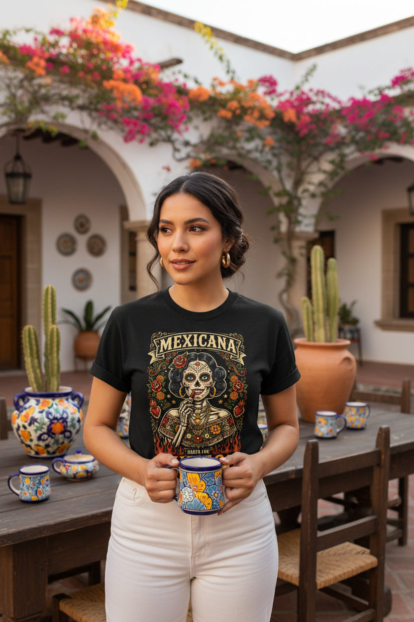 Mexicana Hasta Los Huesos T-Shirt | Day of Dead Calavera Garment-Dyed Latina Tee